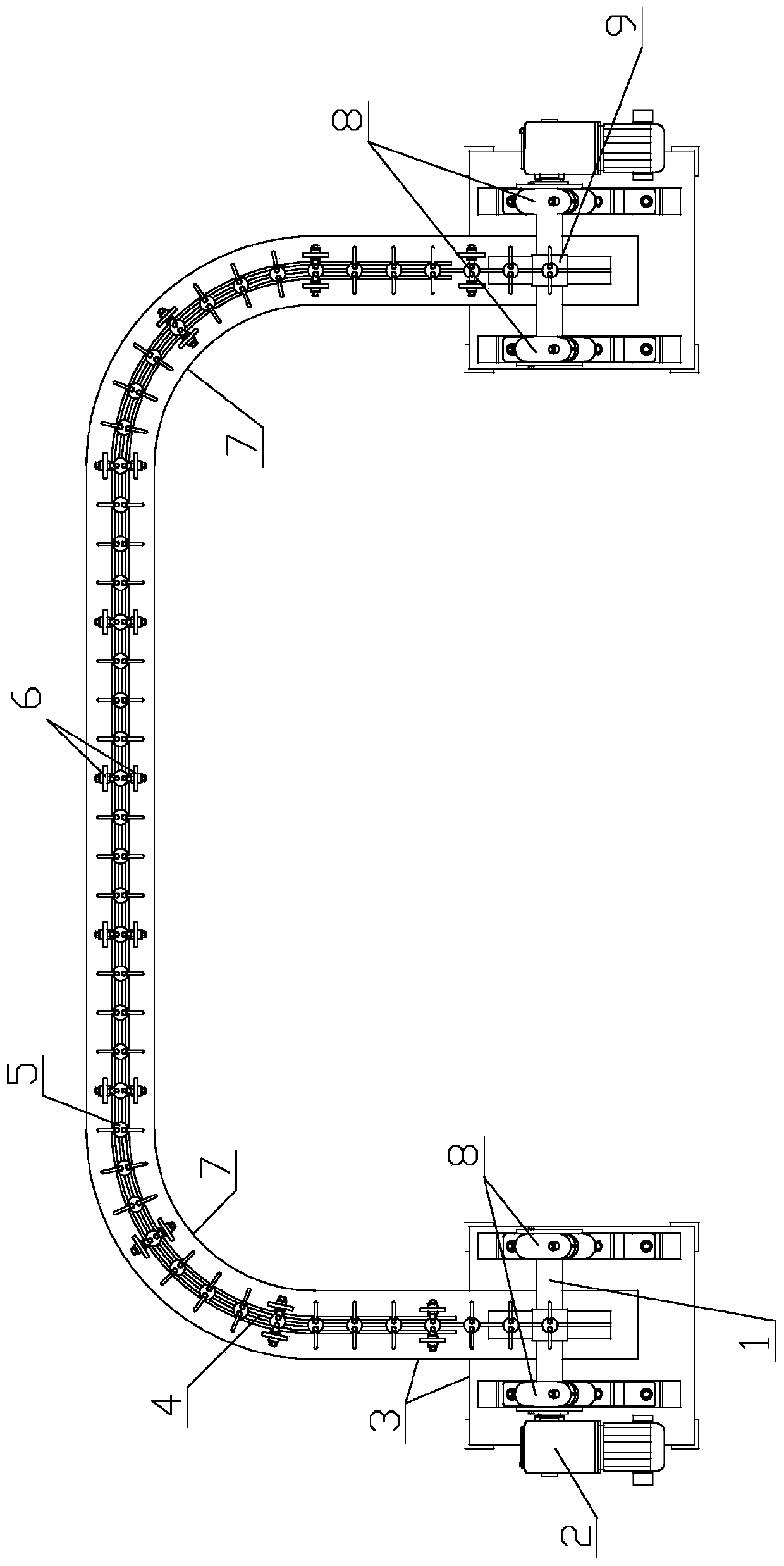 Toothed rope conveyor capable of making turns in plane