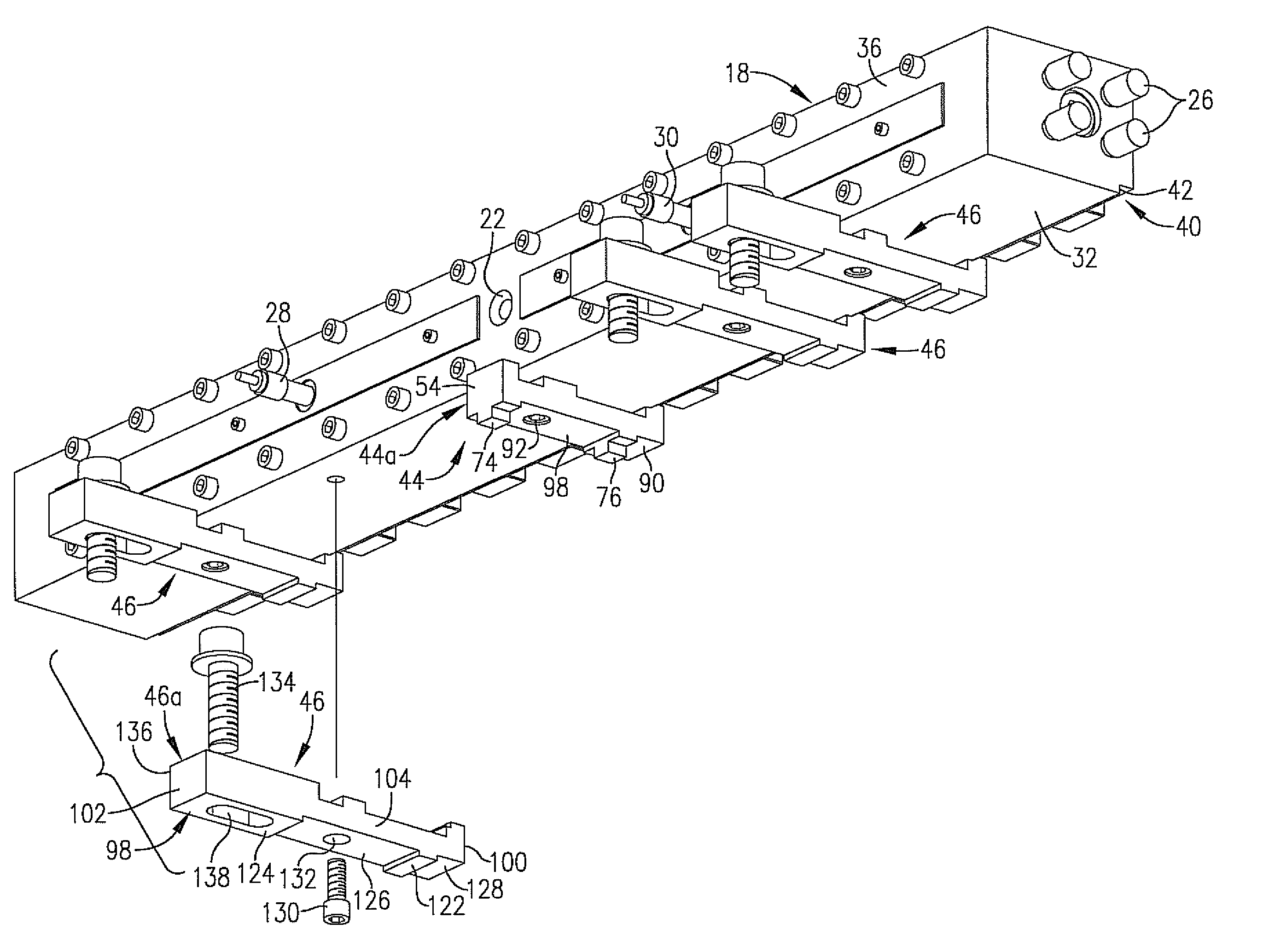 Universal mounting brackets for attaching a hot injection manifold to the lower die set of an injection blow molding machine