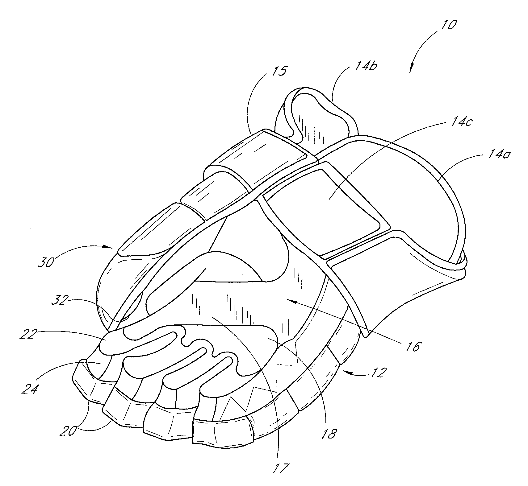 Protective glove with angular articulated locking thumb