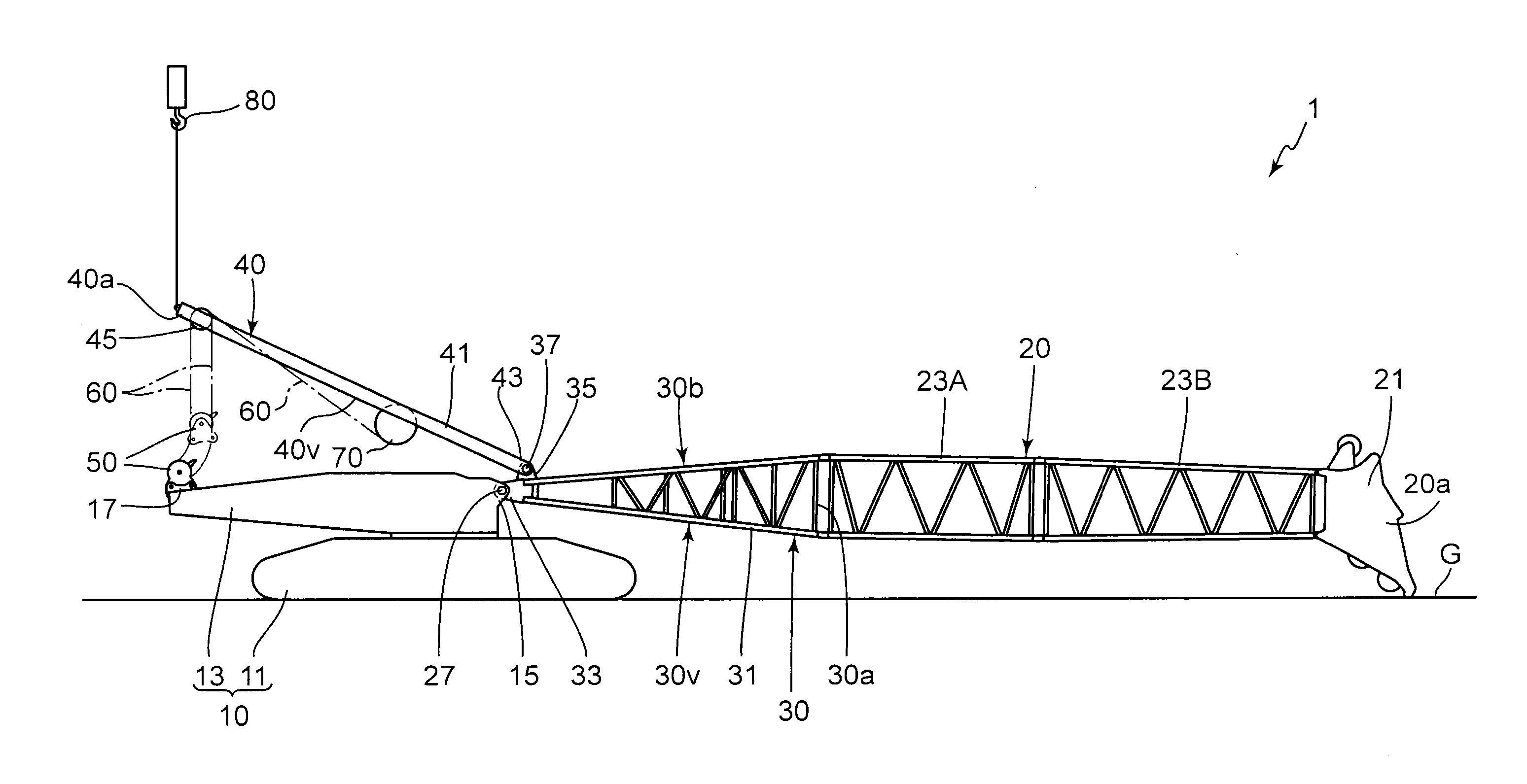 Raisable-lowerable member for crane