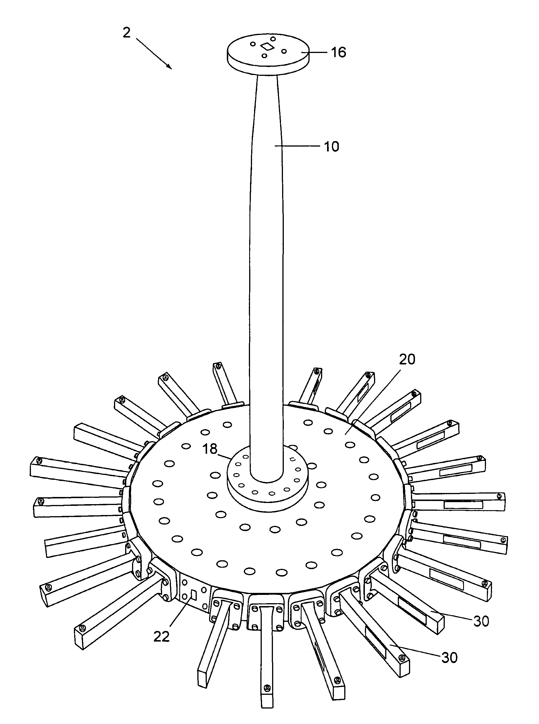 Wideband radial power combiner/divider fed by a mode transducer