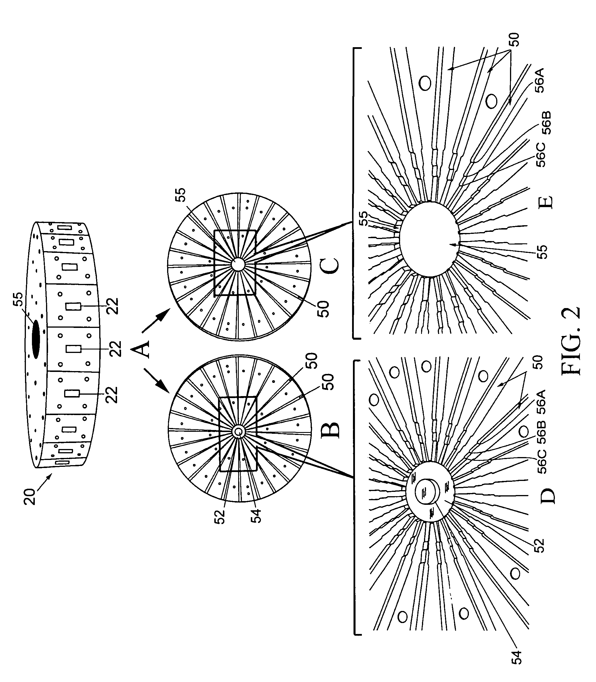 Wideband radial power combiner/divider fed by a mode transducer