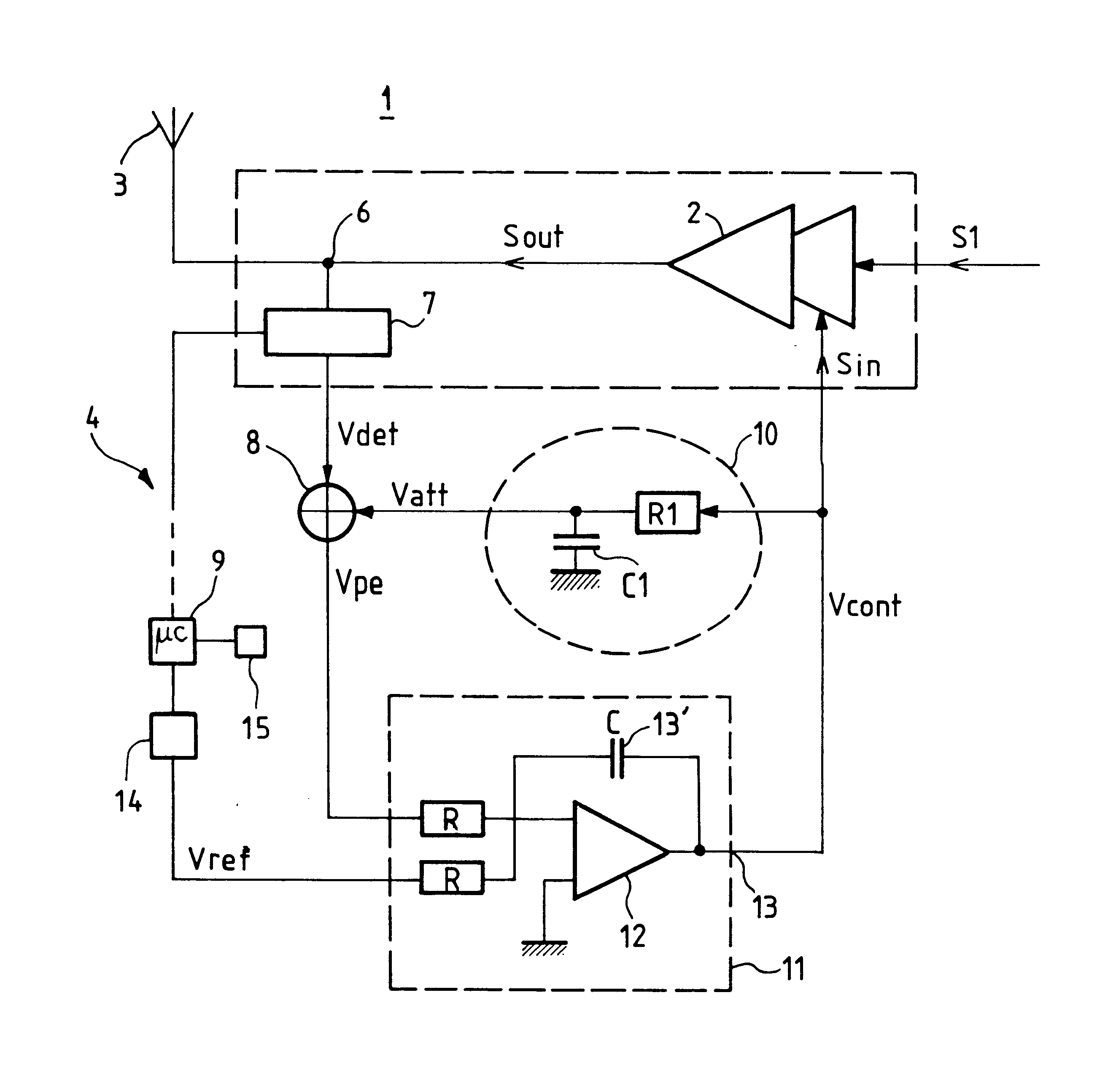 Regulator device for controlling the power of a transmitter