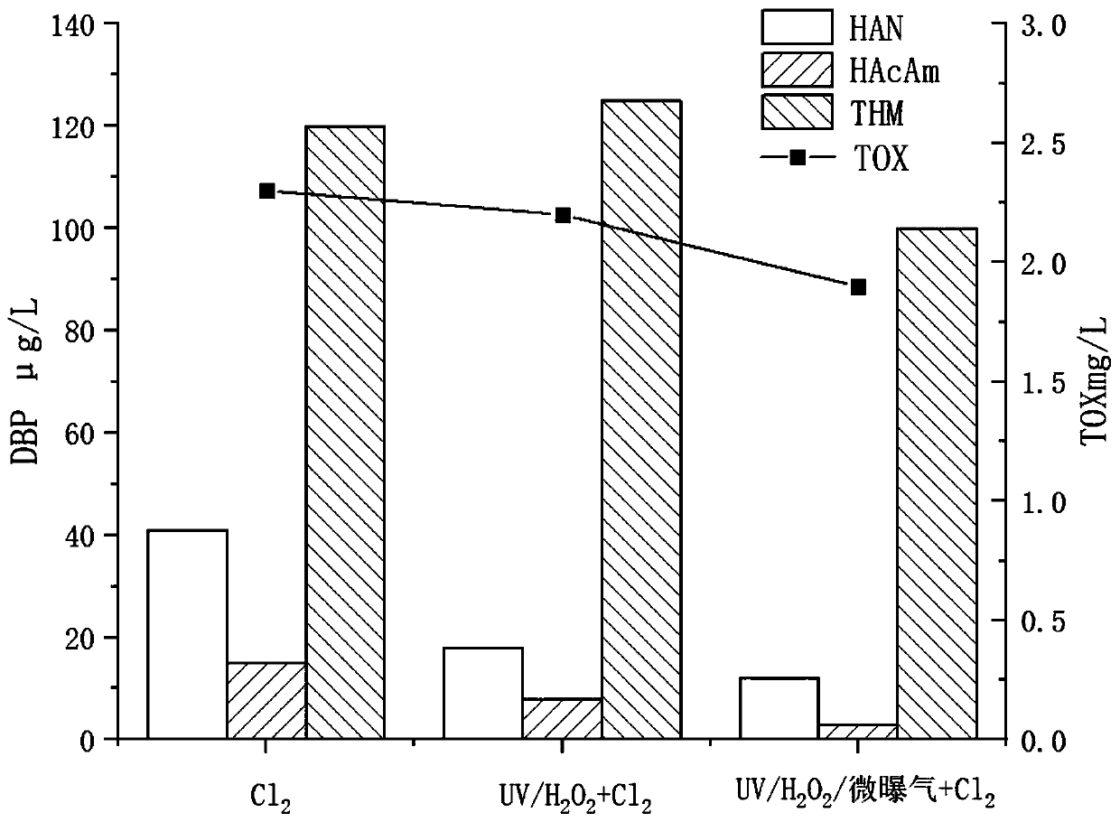 UV oxidation method for synchronously removing pollutants and disinfection byproducts