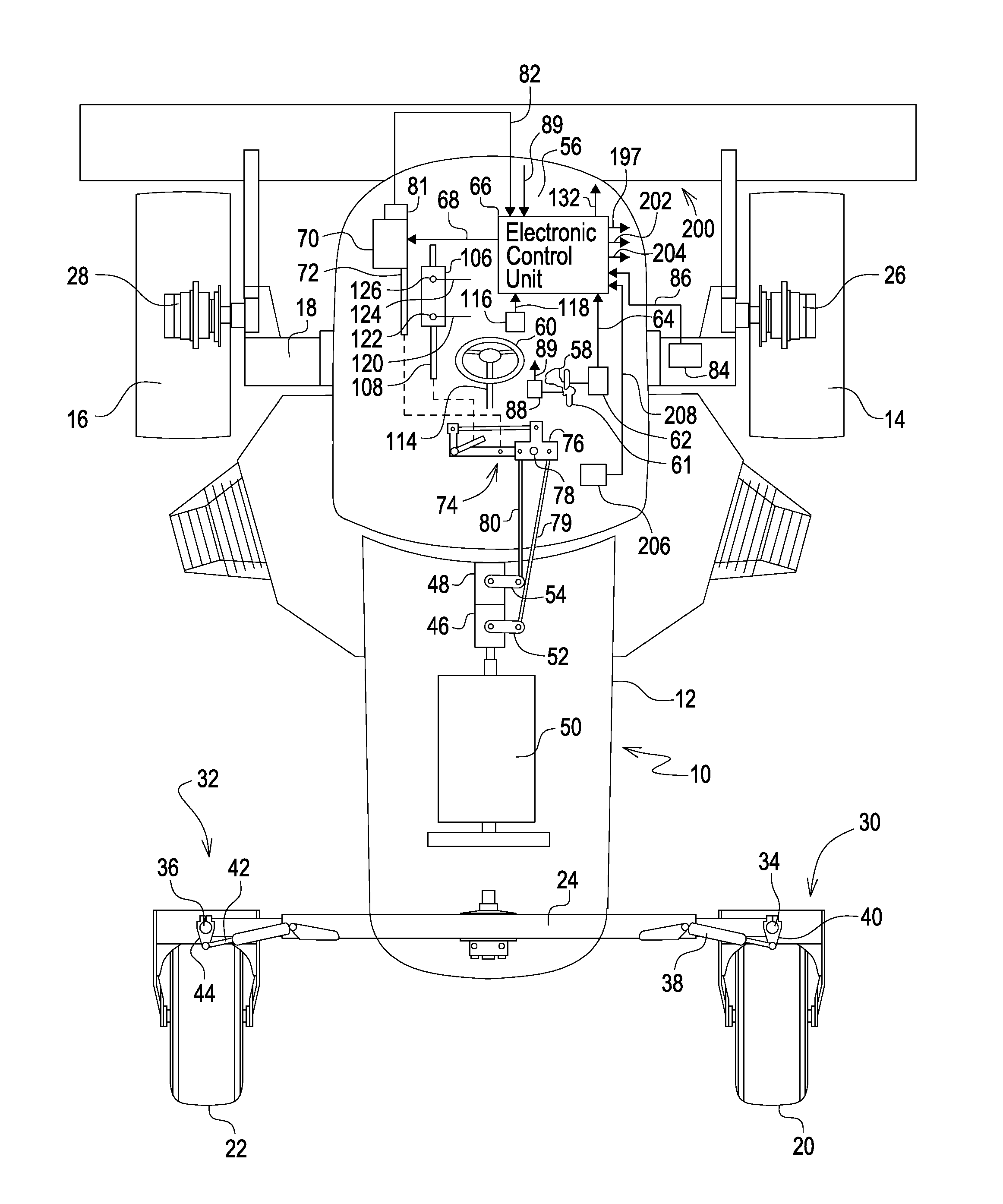 Steering control system for hydrostatically driven front vehicle ground wheels and steerable rear caster wheels