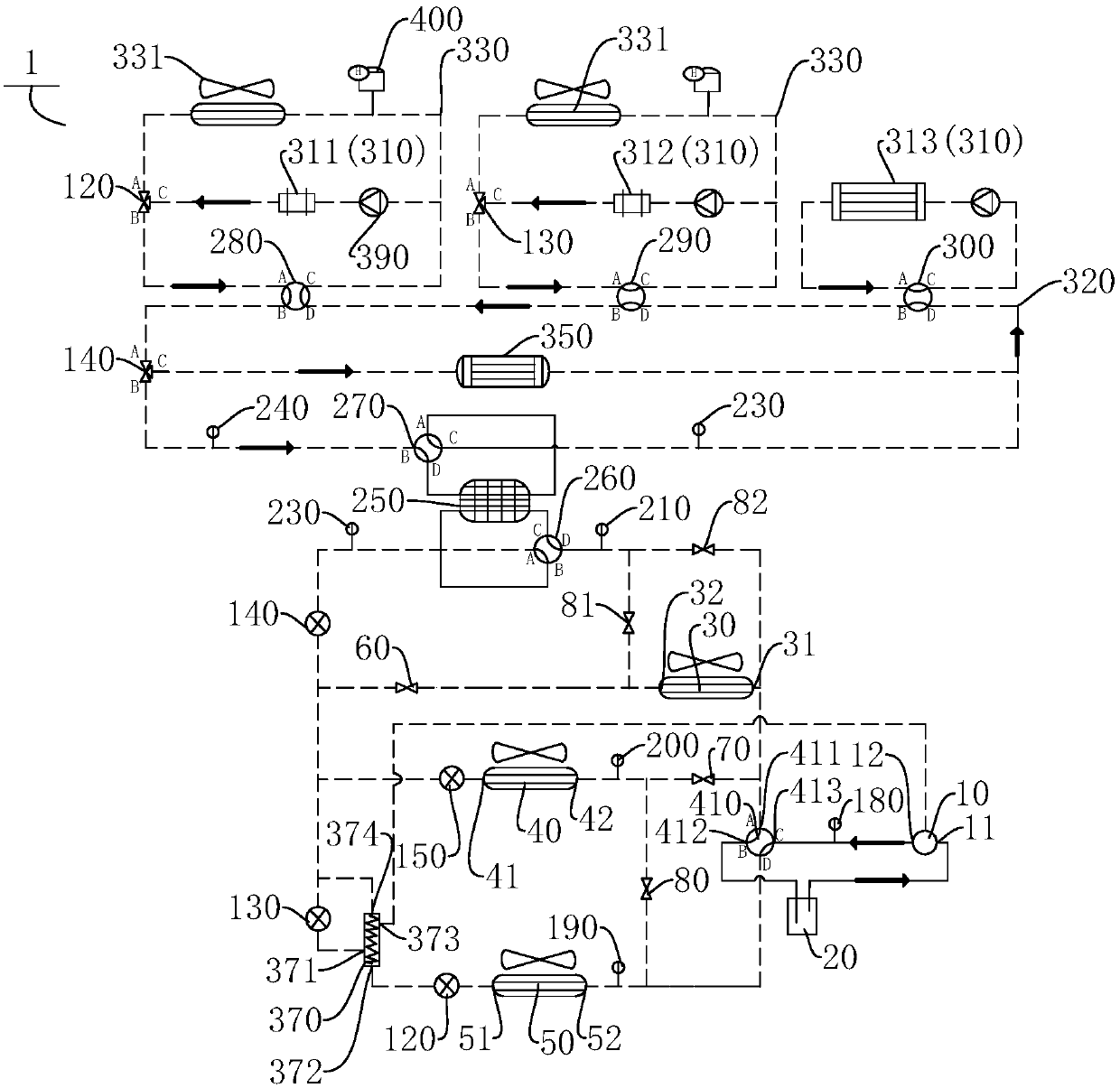 Heat management system of vehicle, and vehicle