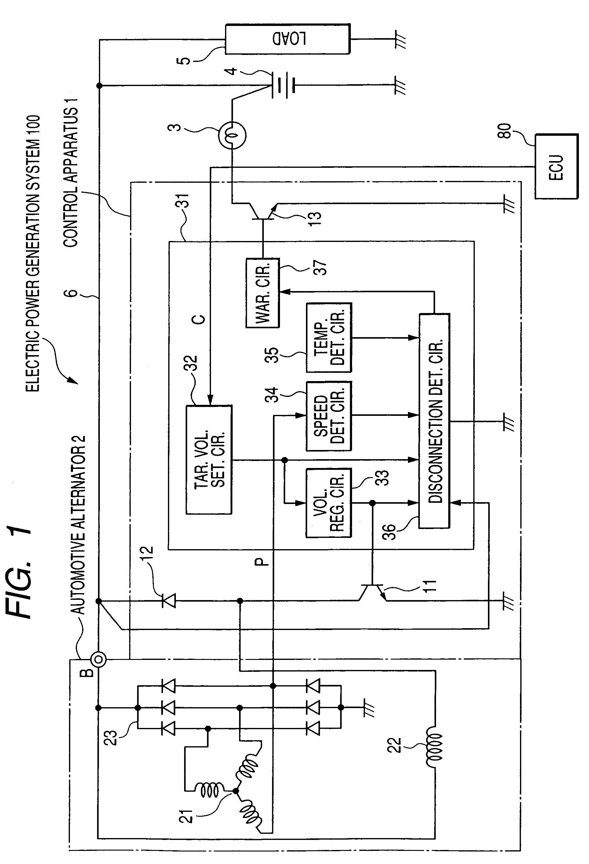Control apparatus for automotive alternator having capability of reliably detecting disconnection between alternator and battery