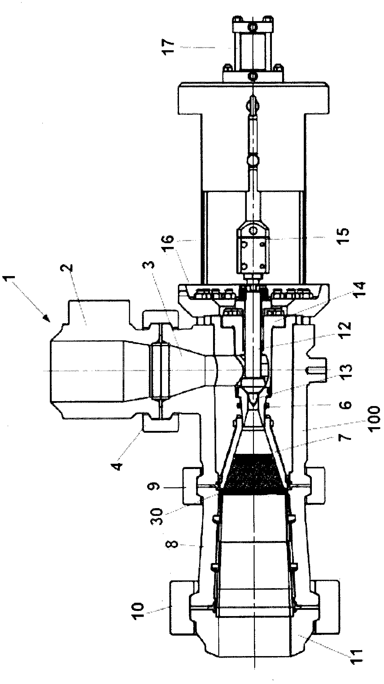 Control valve, in particular angle control valve and double control valve, also in the form of a straight-seat valve and inc.lined-seat valve for extreme control applications