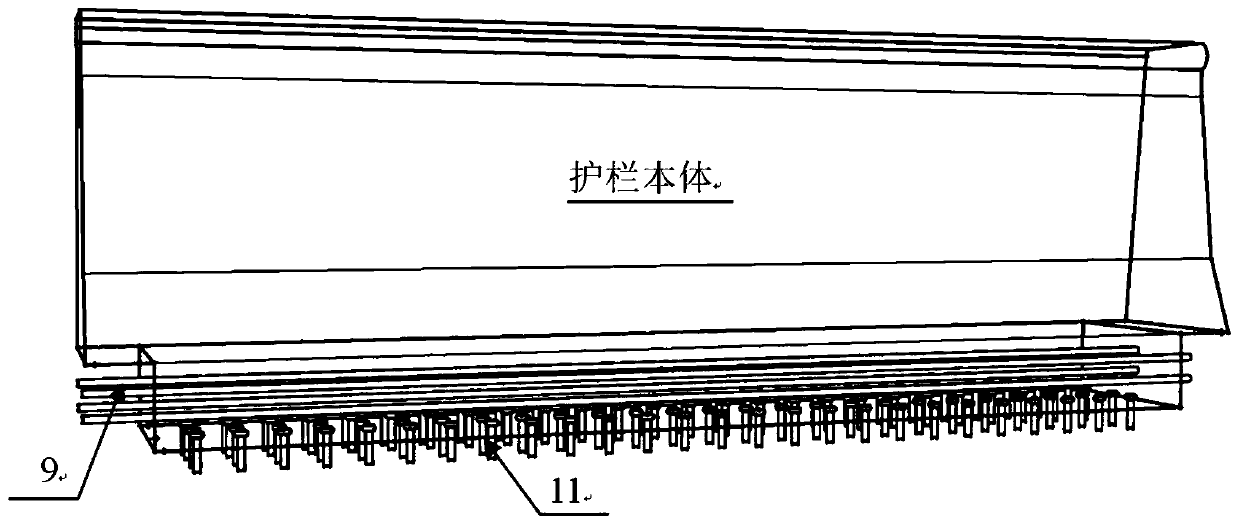 Connecting structure of fabricated steel bridge deck concrete crash barrier and complete set of construction method of connecting structure