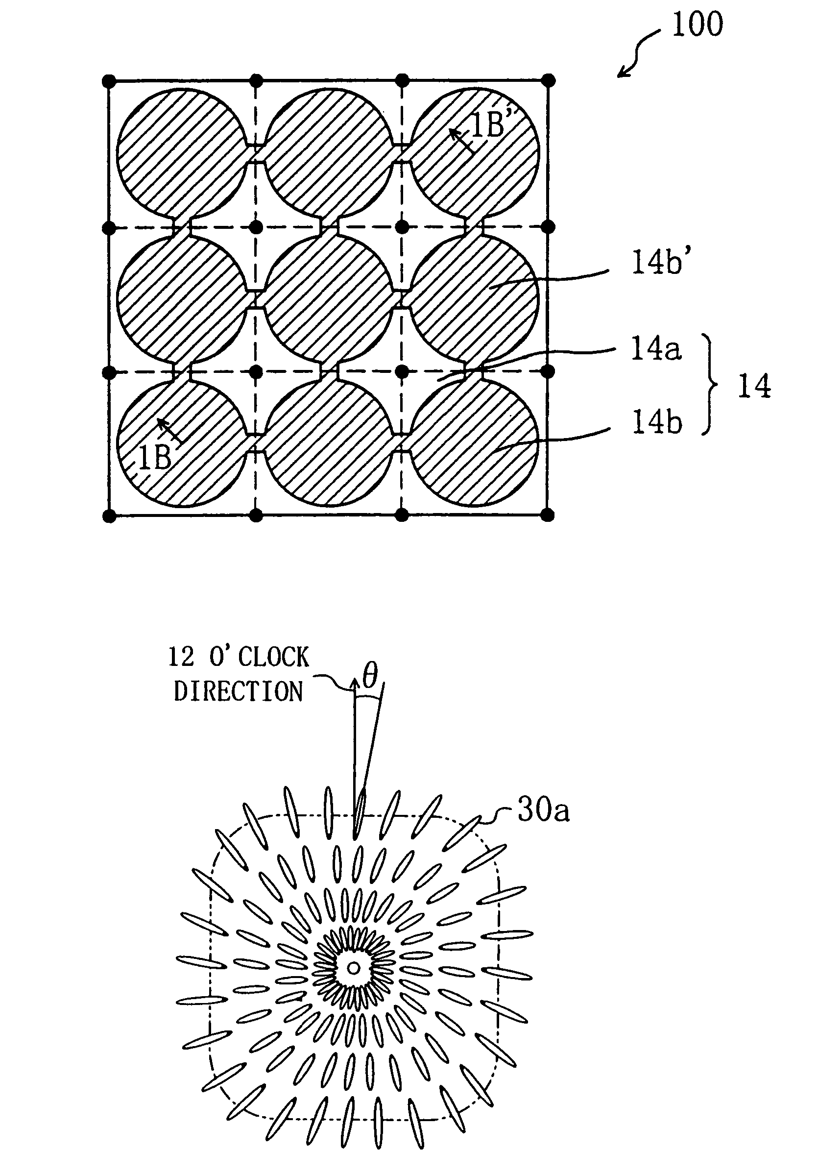 Liquid crystal display device having multiple domains with radially inclined LC molecules