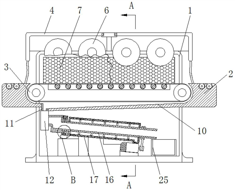 A wood grinding device with the function of dust suppression and dust removal by using the principle of negative pressure