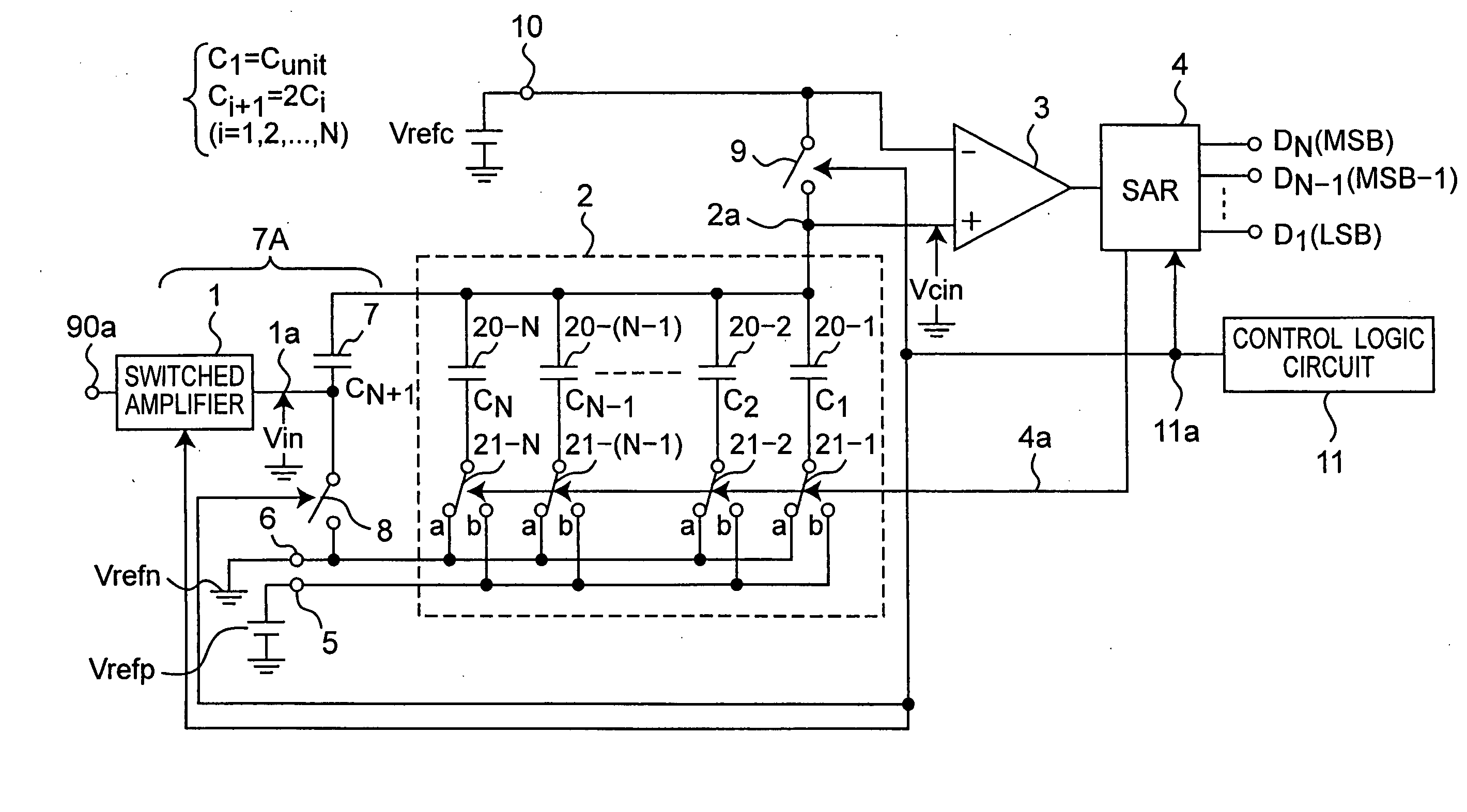 Analog to digital converter circuit of successive approximation type operating at low voltage
