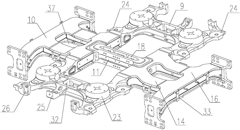 Low-floor articulated railway vehicle bogie frame and bogie