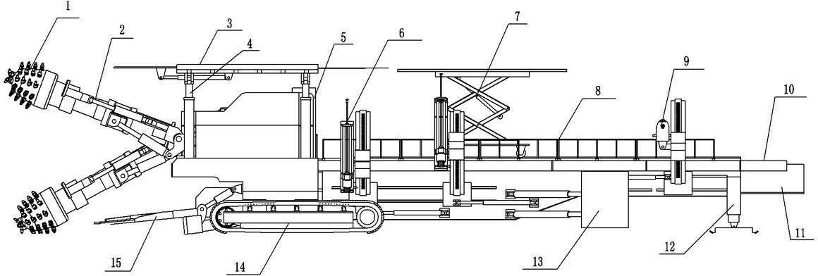Double-cantilever hard rock coal roadway heading and anchoring device