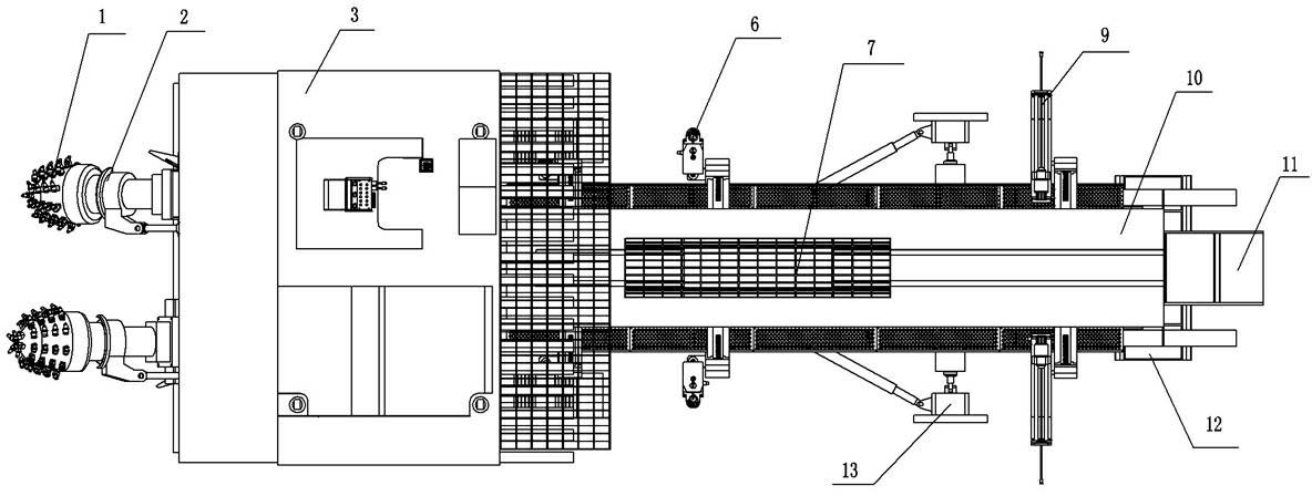Double-cantilever hard rock coal roadway heading and anchoring device