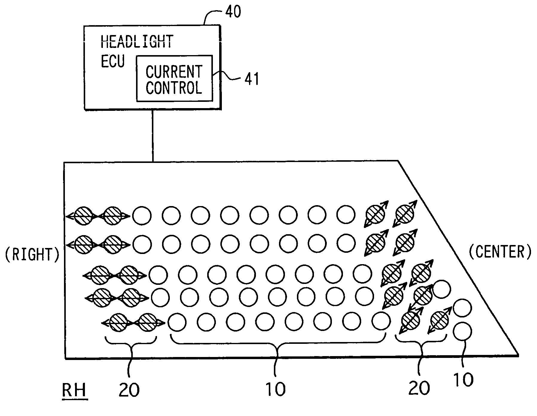 Lighting device for a vehicle and method for controlling light distribution of the lighting device