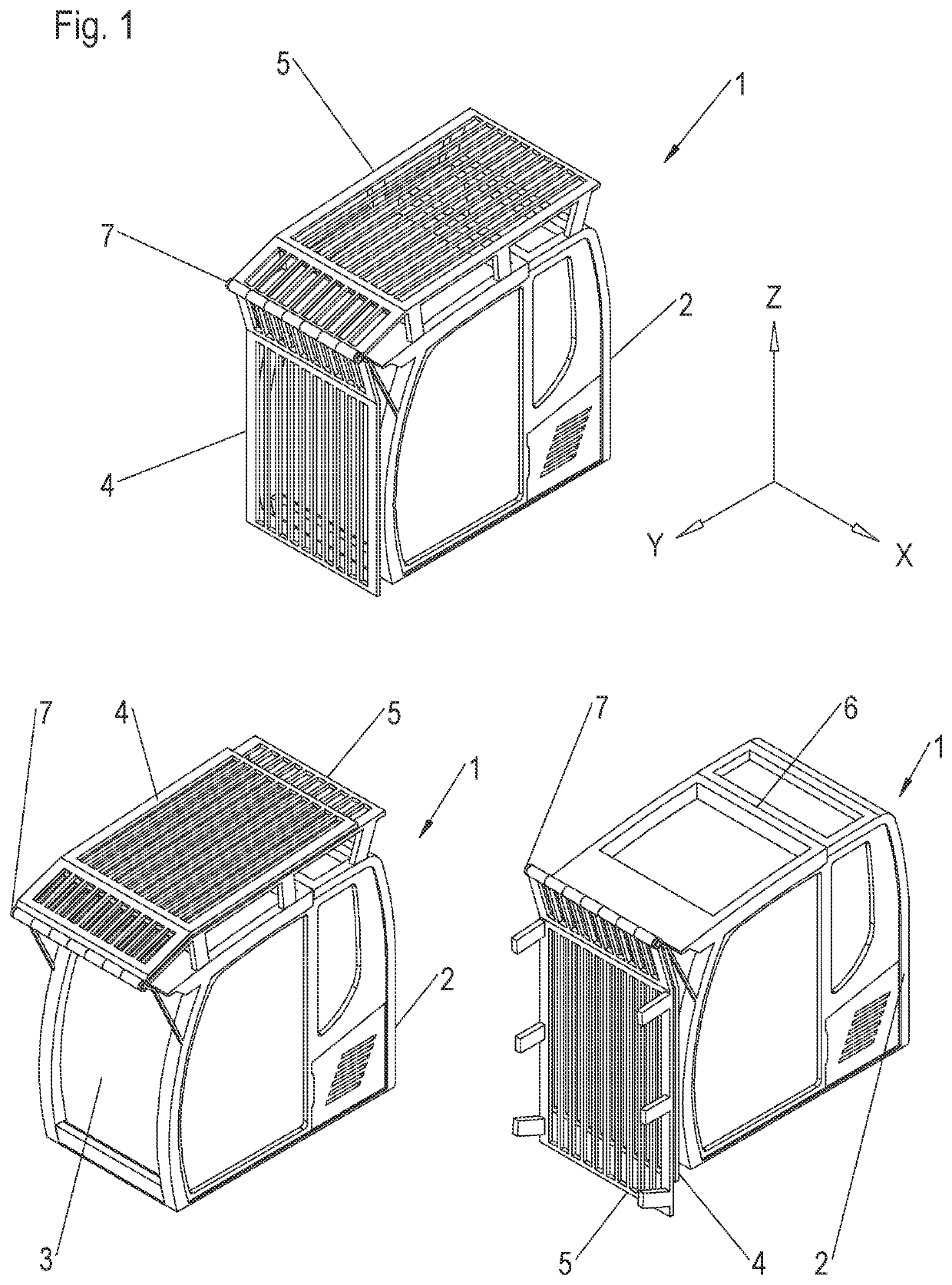 Operator's cabin having a protective grid