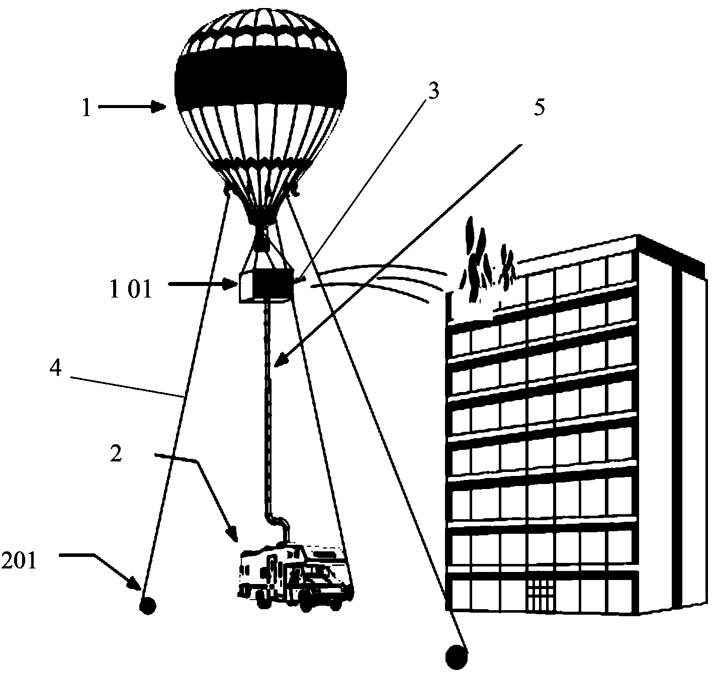 Overhead fixed-point continuous water spraying device based on hot air balloon