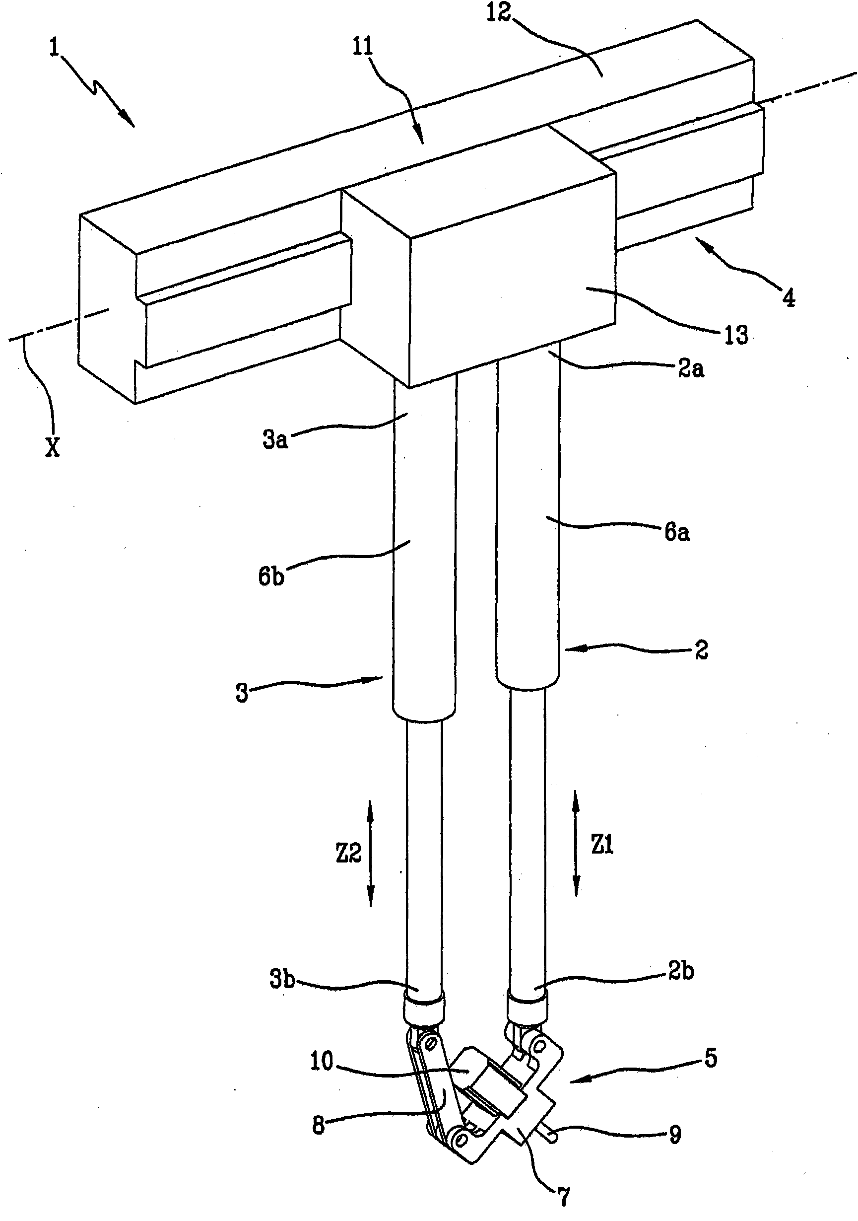 A device for handling and/or performing work operations on objects