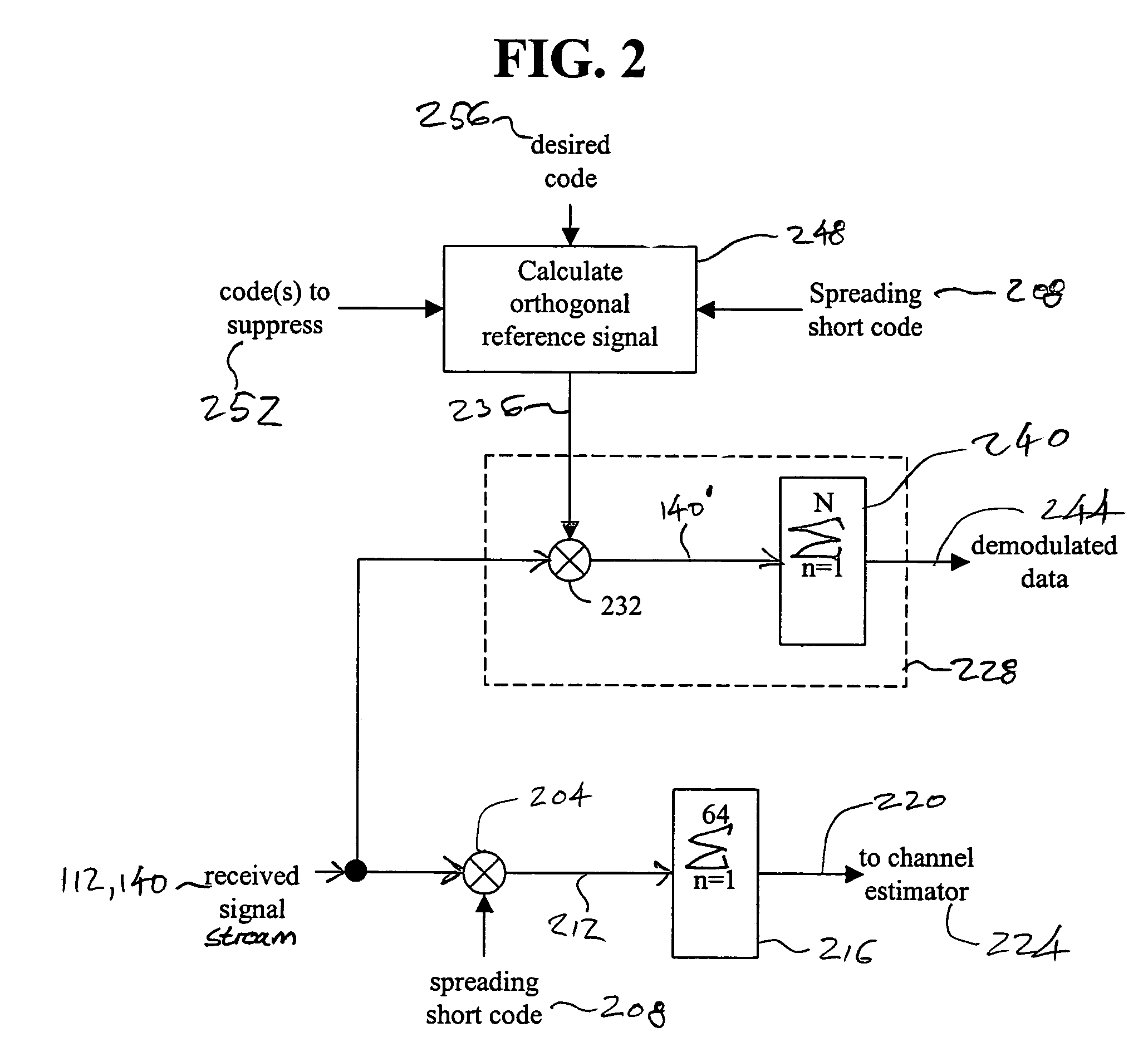Method and apparatus for interference suppression with efficient matrix inversion in a DS-CDMA system