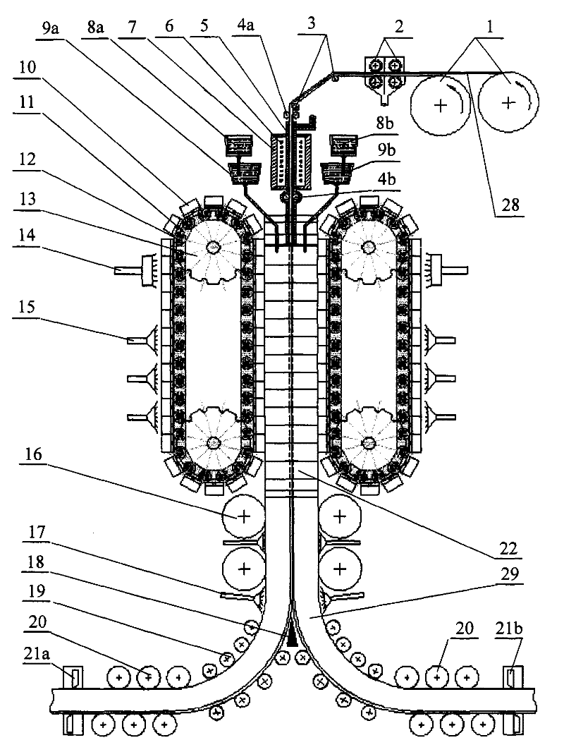 Solid-liquid phase continuous compounding device for stainless steel compound plate slabs