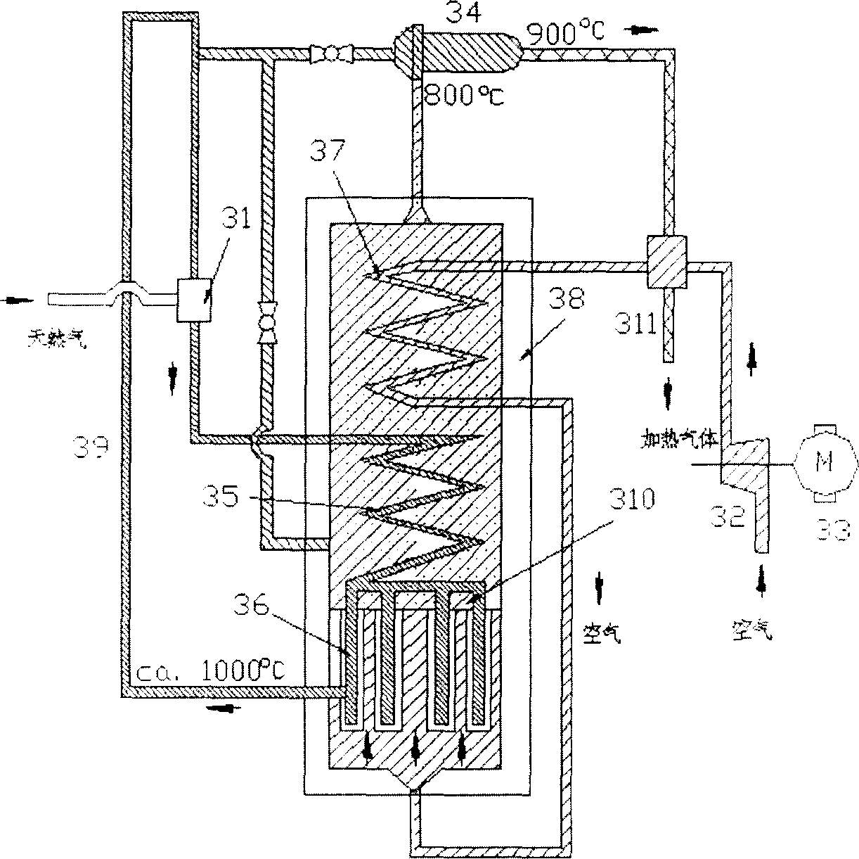 Combined power generator of high temperature heat source-oxygen concentration cell pile