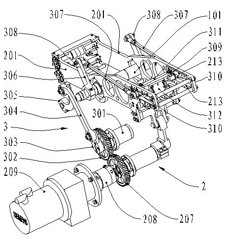 Device for synchronizing packaging wheel and swing arms of handkerchief paper packaging machine and design method