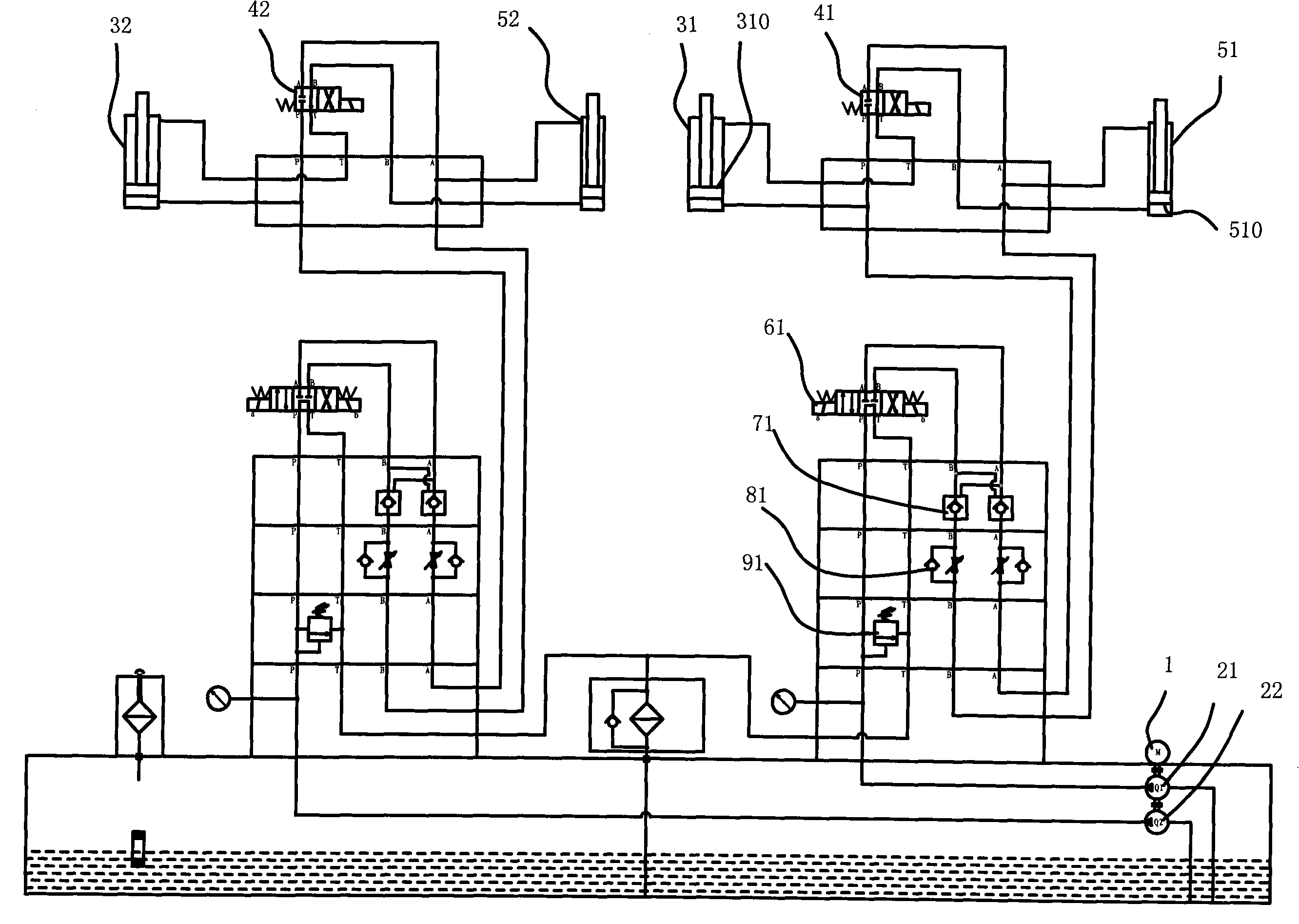 Four-cylinder synchronous hydraulic system