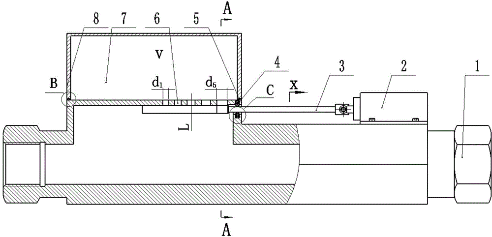 Pipe type variable-damping filter provided with multiple holes with different parameters and applied to opening of hydraulic pump