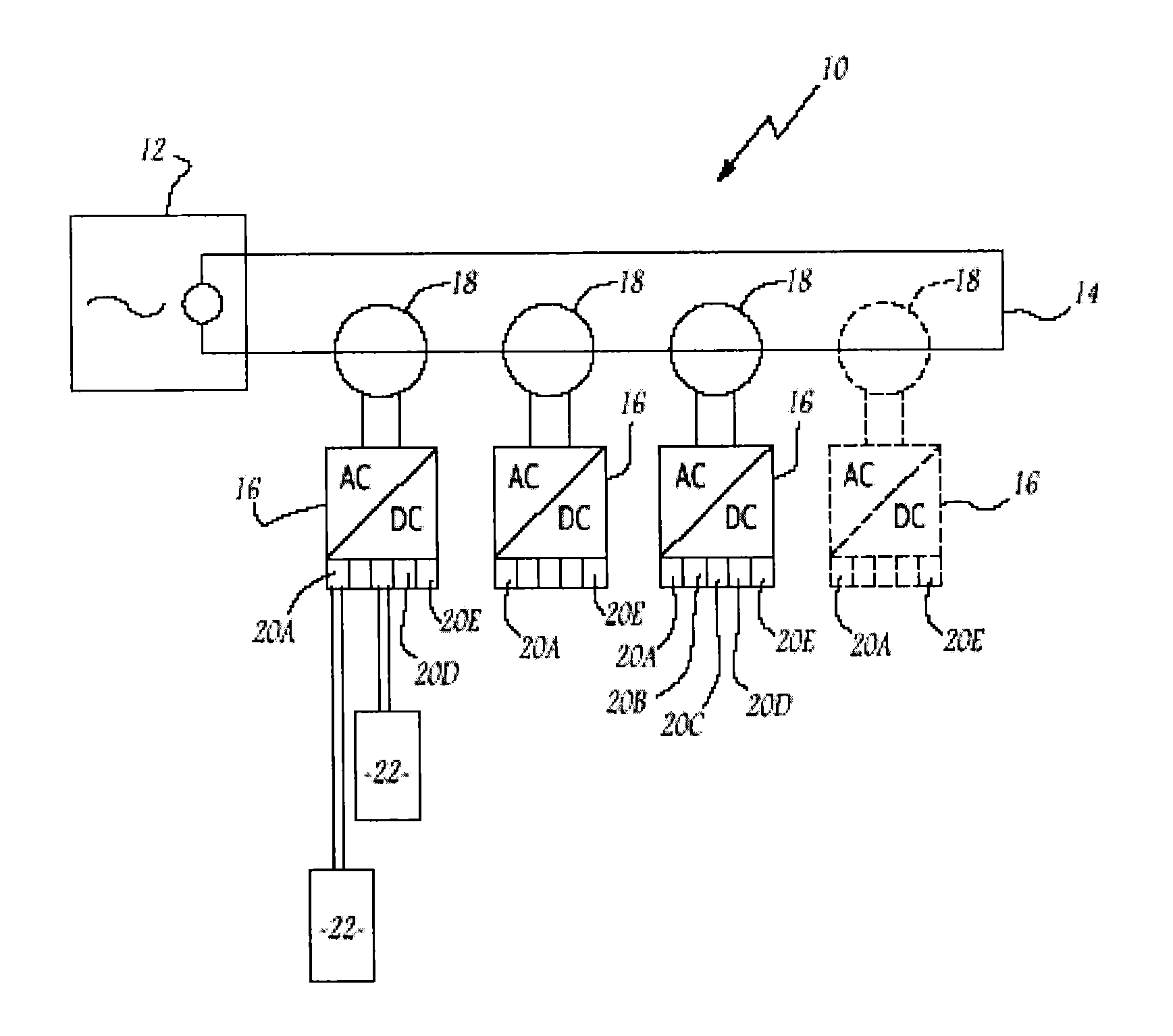 System for supplying direct electric power for at least two loads from an alternating electric power source and method for starting such a supply system