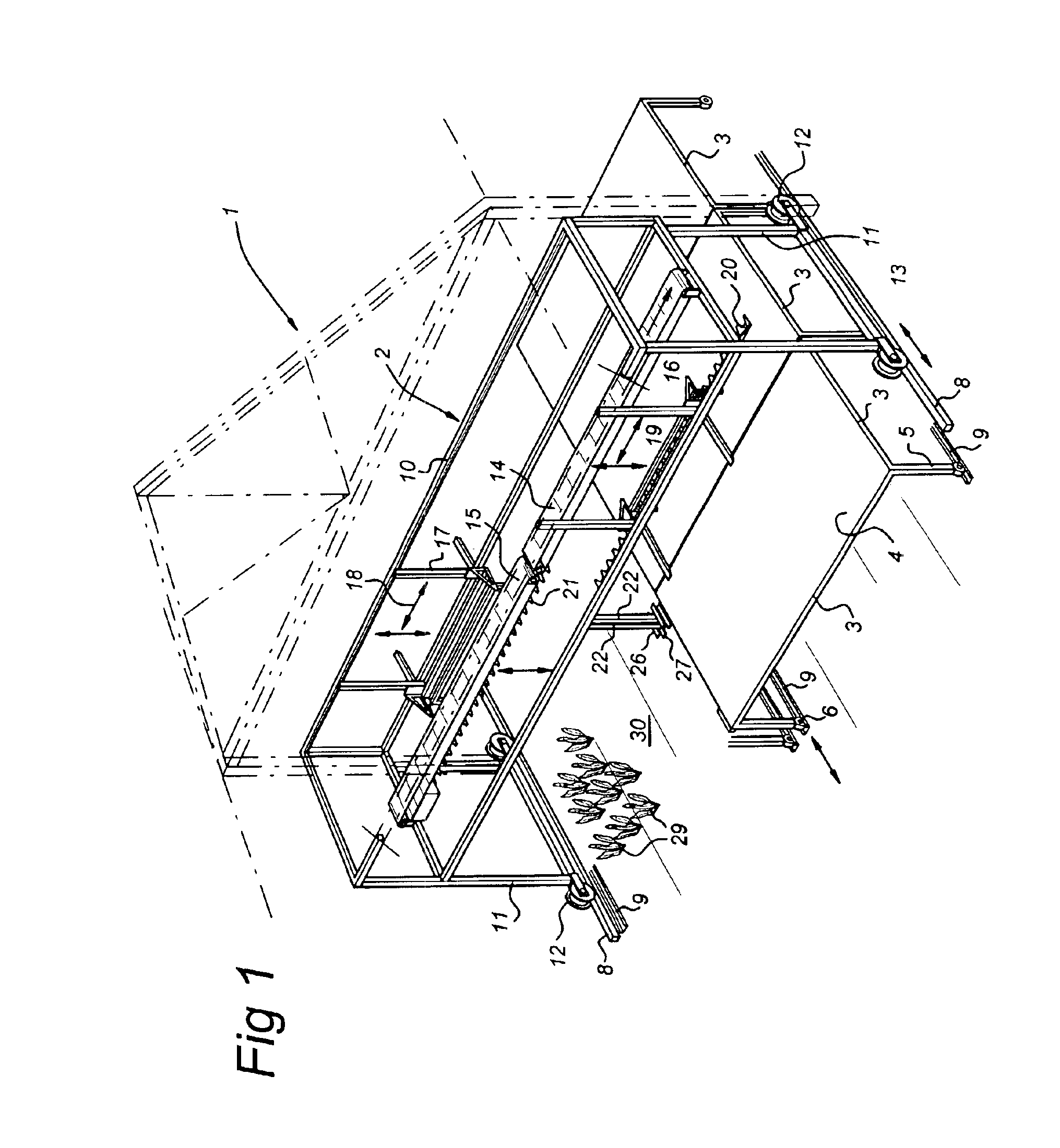 Method for growing plants accommodated in containers on a bearer provided at a first, low level in a glasshouse