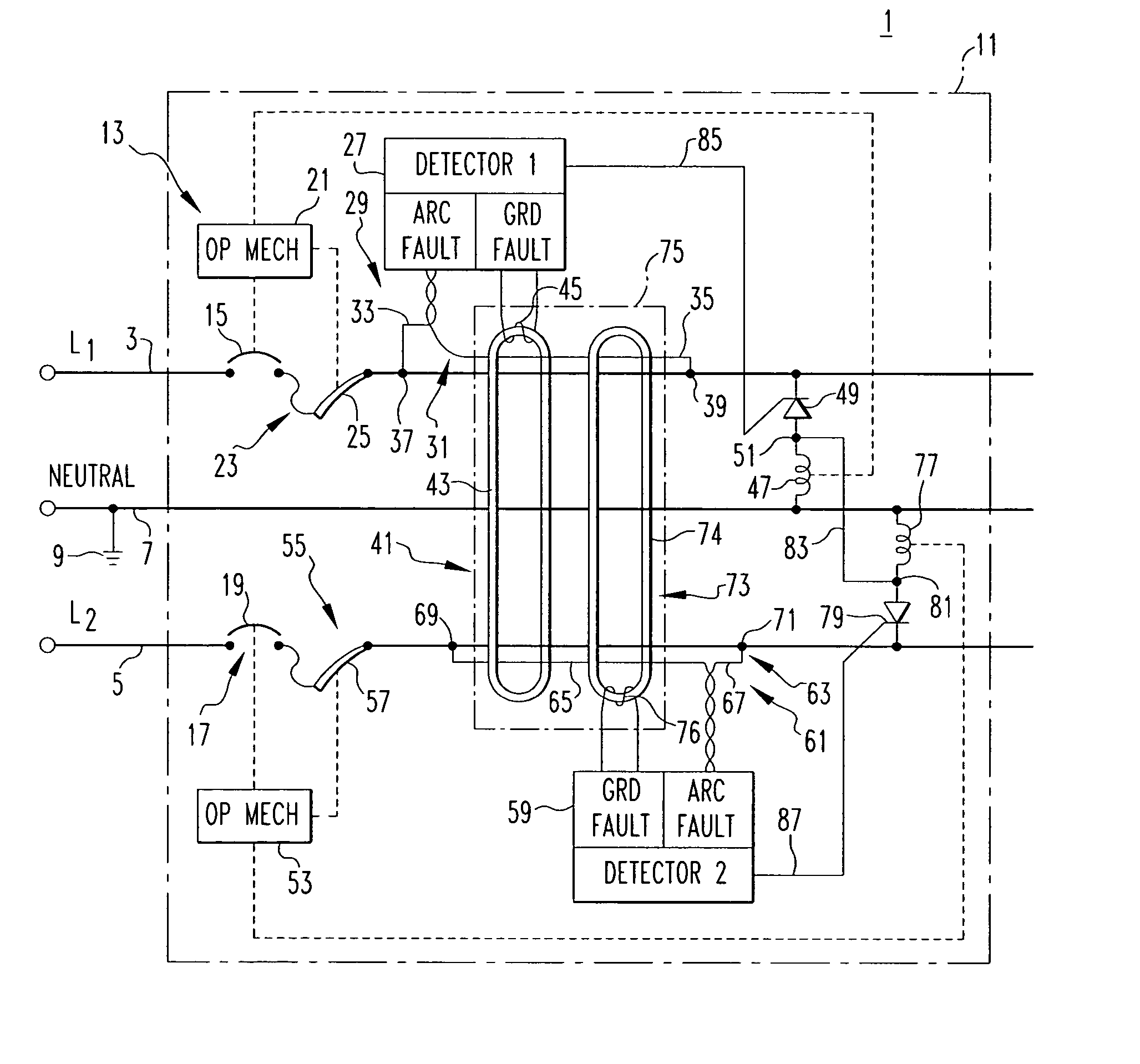 Fault detector for two line power distribution system and protection apparatus incorporating the same