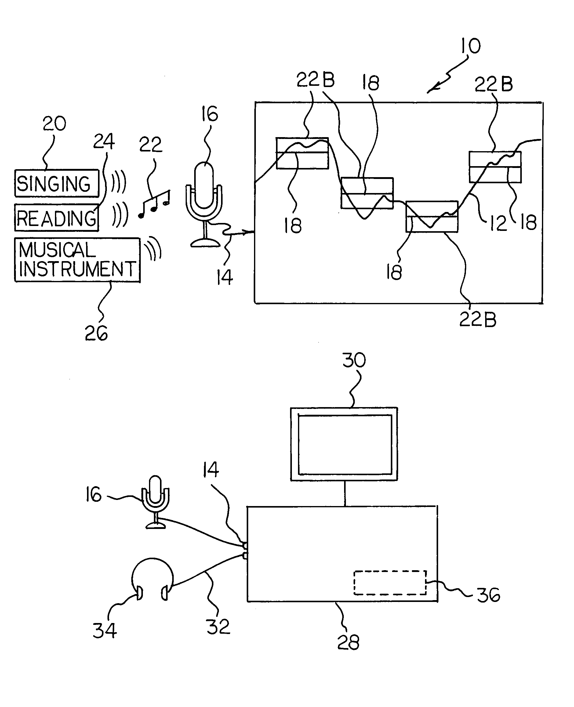 Computer-aided learning system employing a pitch tracking line