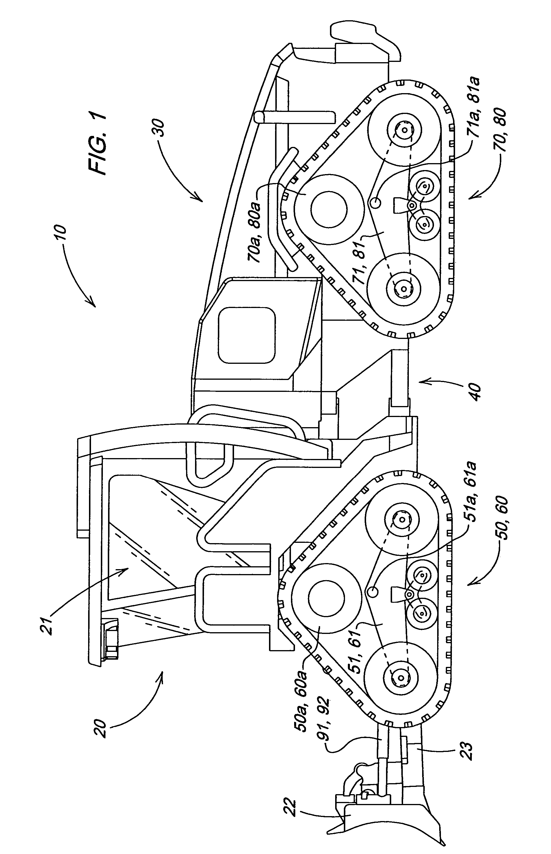 Articulated dozer with frame structure for decreased height variation in the vehicle chassis