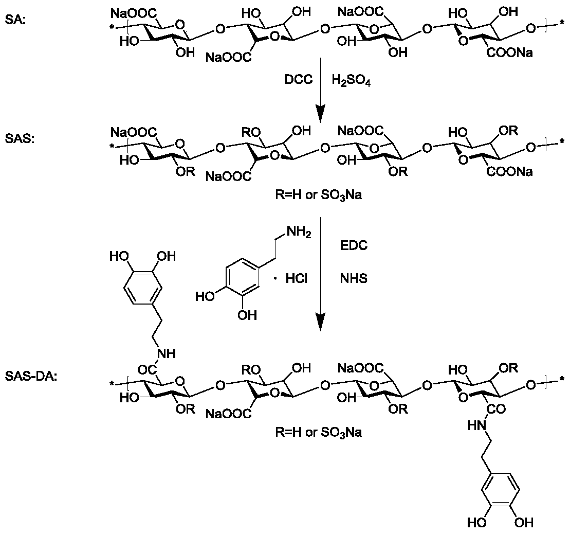 A kind of dopamine-grafted sulfonated sodium alginate double-crosslinked microsphere and its preparation method and use