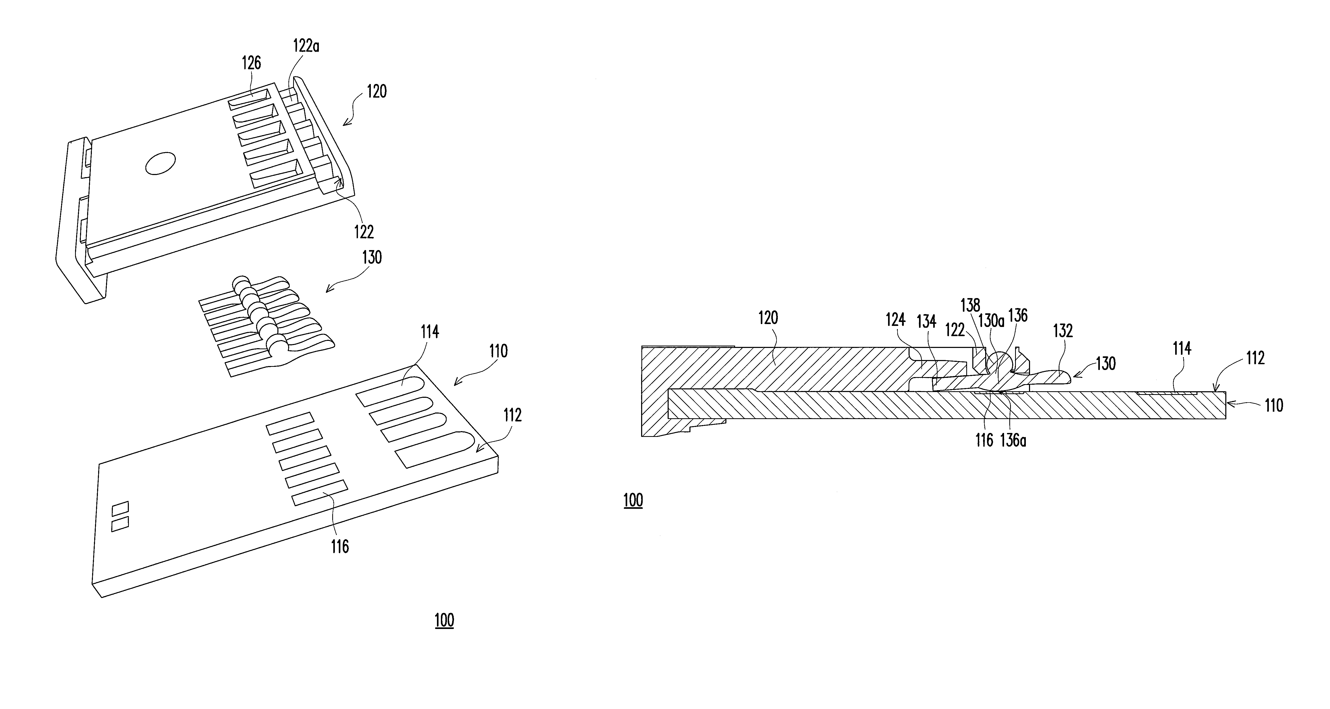 Conductive terminal with a central bulged portion configured for swinging relative to a base material
