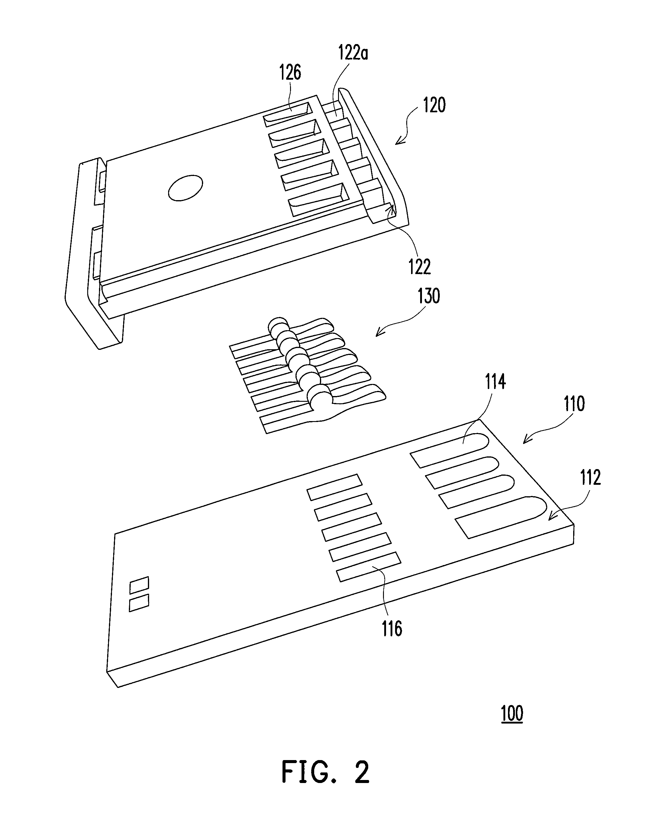Conductive terminal with a central bulged portion configured for swinging relative to a base material