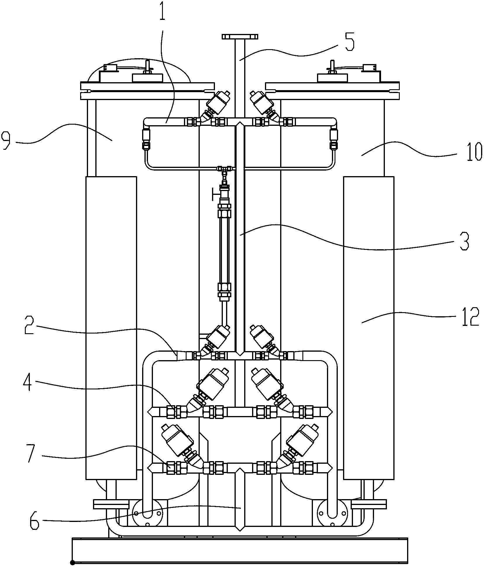 Pressure-sharing structure of double-tower-type gas separation equipment