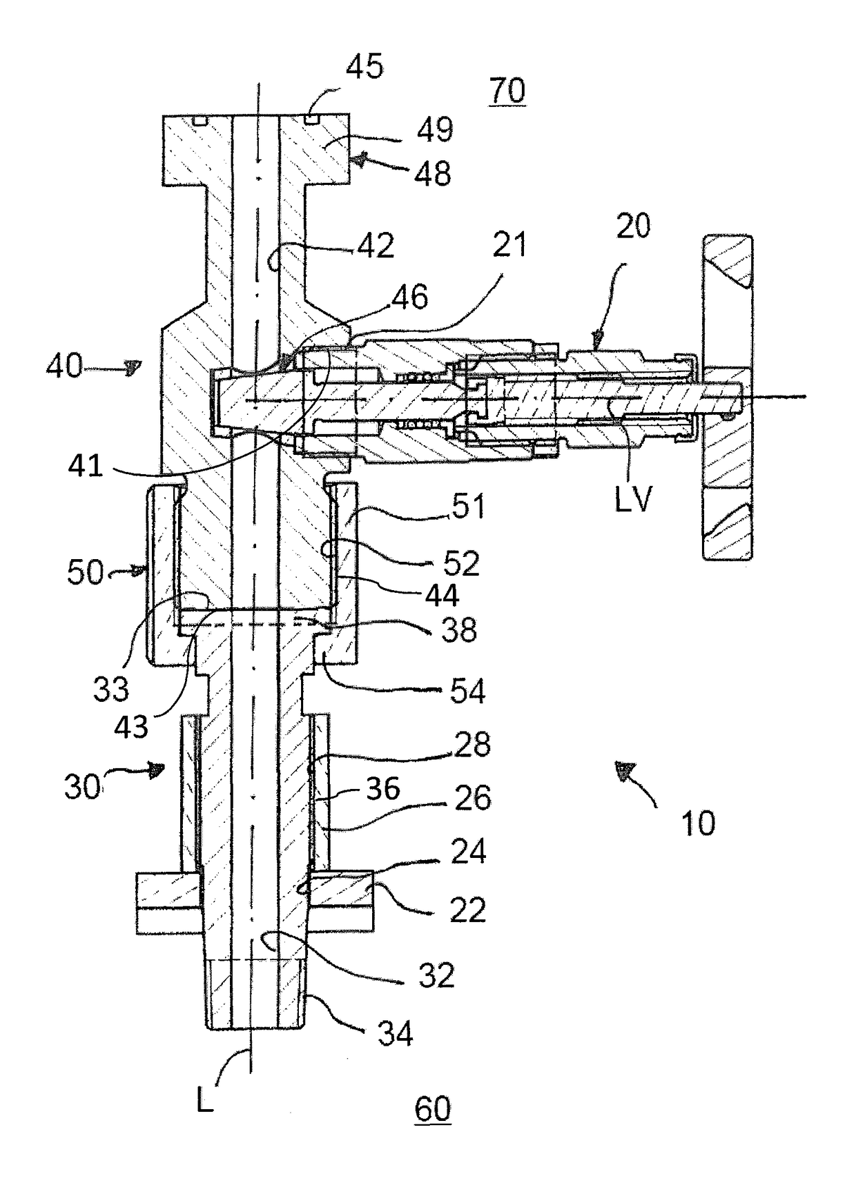 Connecting apparatus for creating a connection between a measuring instrument/valve block and a pipeline