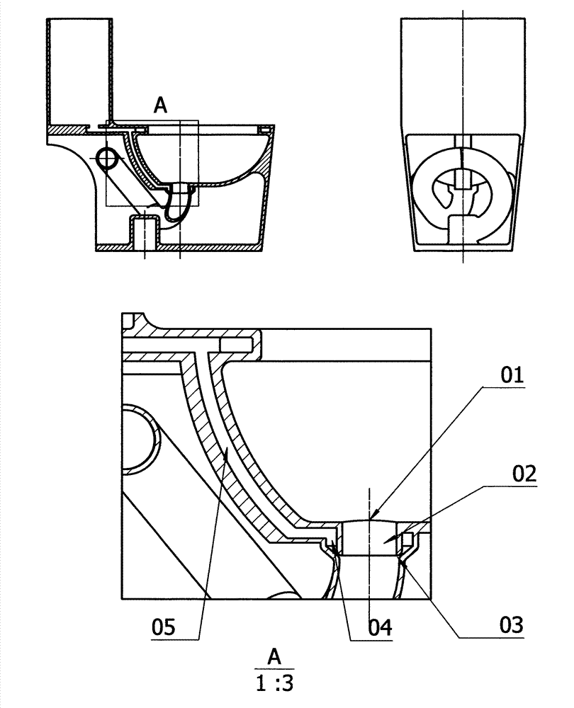 Energy-saving toilet with three-dimensional large-radian drainage elbow pipe