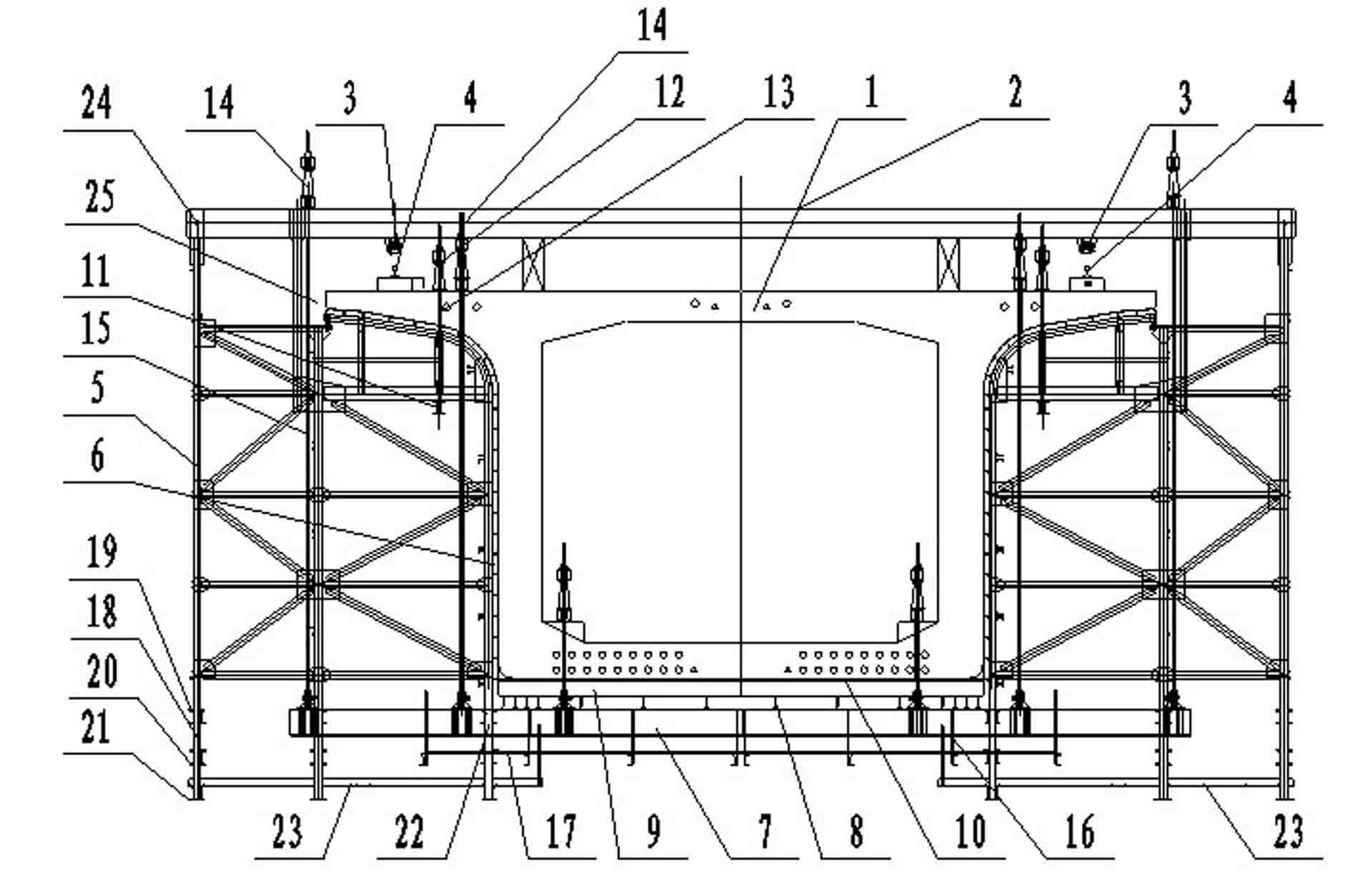 Hanging basket device for closure construction of continuous box girders