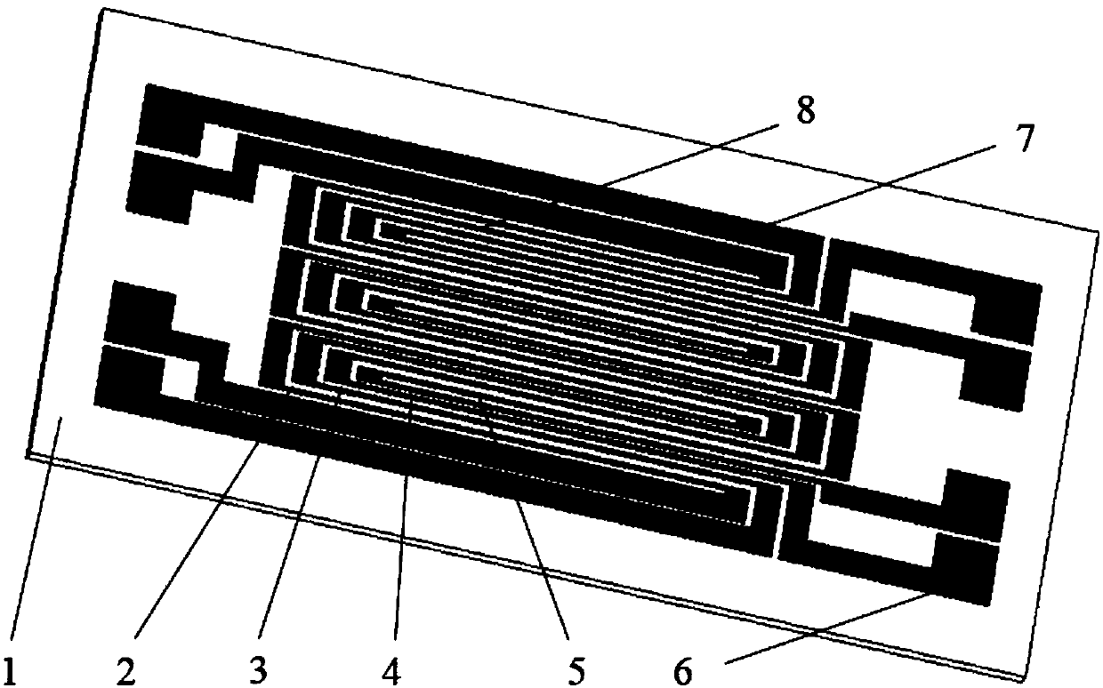 Axial deviation full-bridge full-interdigital metal strain sheet capable of measuring surface strain axial partial derivative