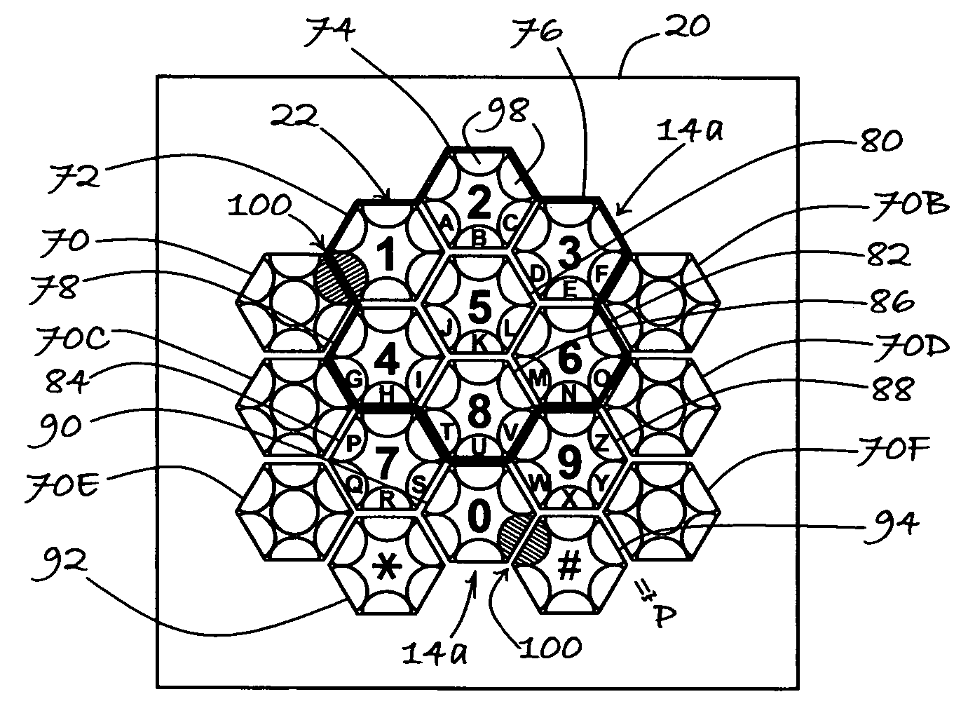 Hexagonal matrix alphanumeric keypad