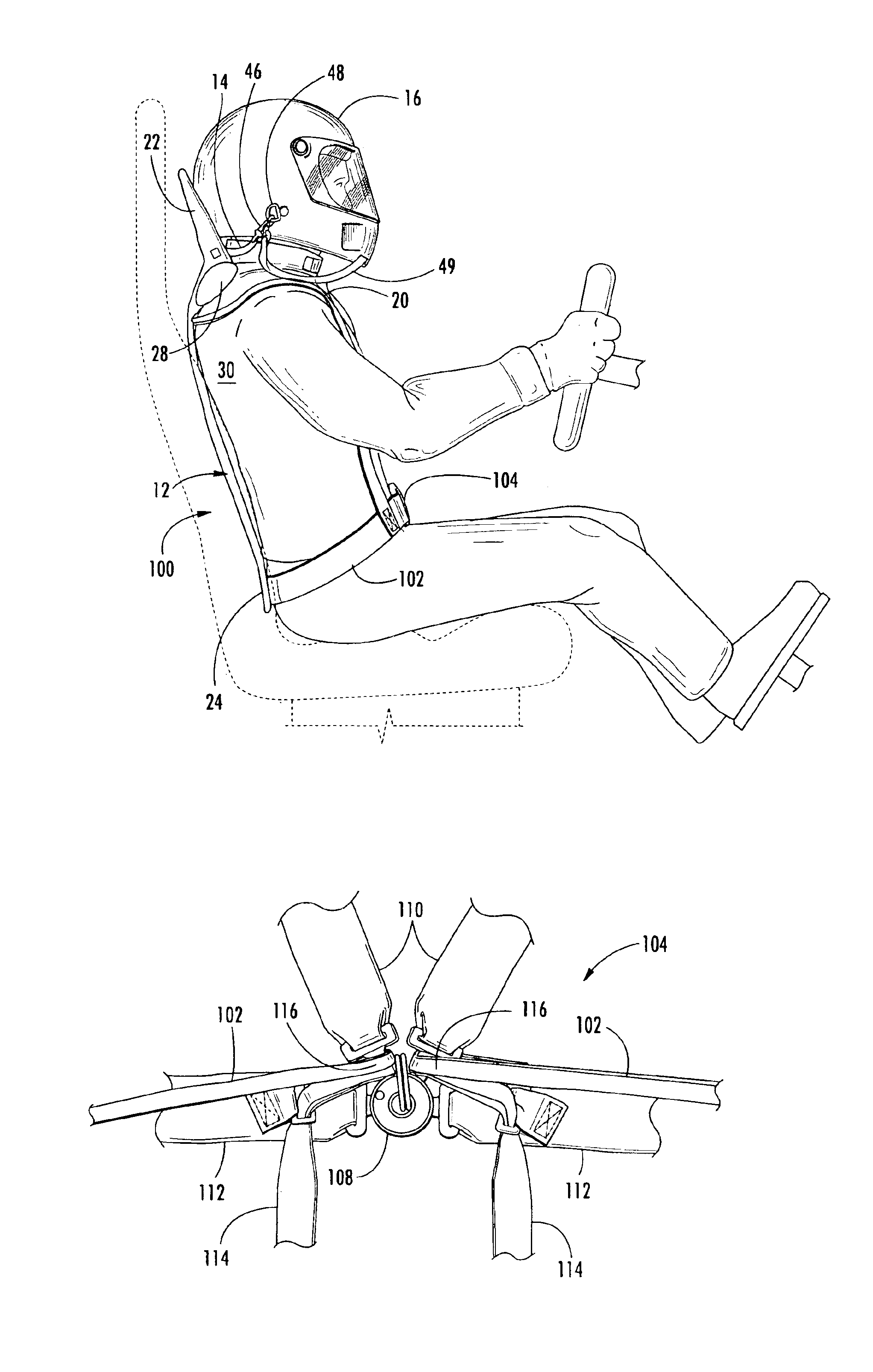 Head restraint device with rigid member for use with a high-performance vehicle