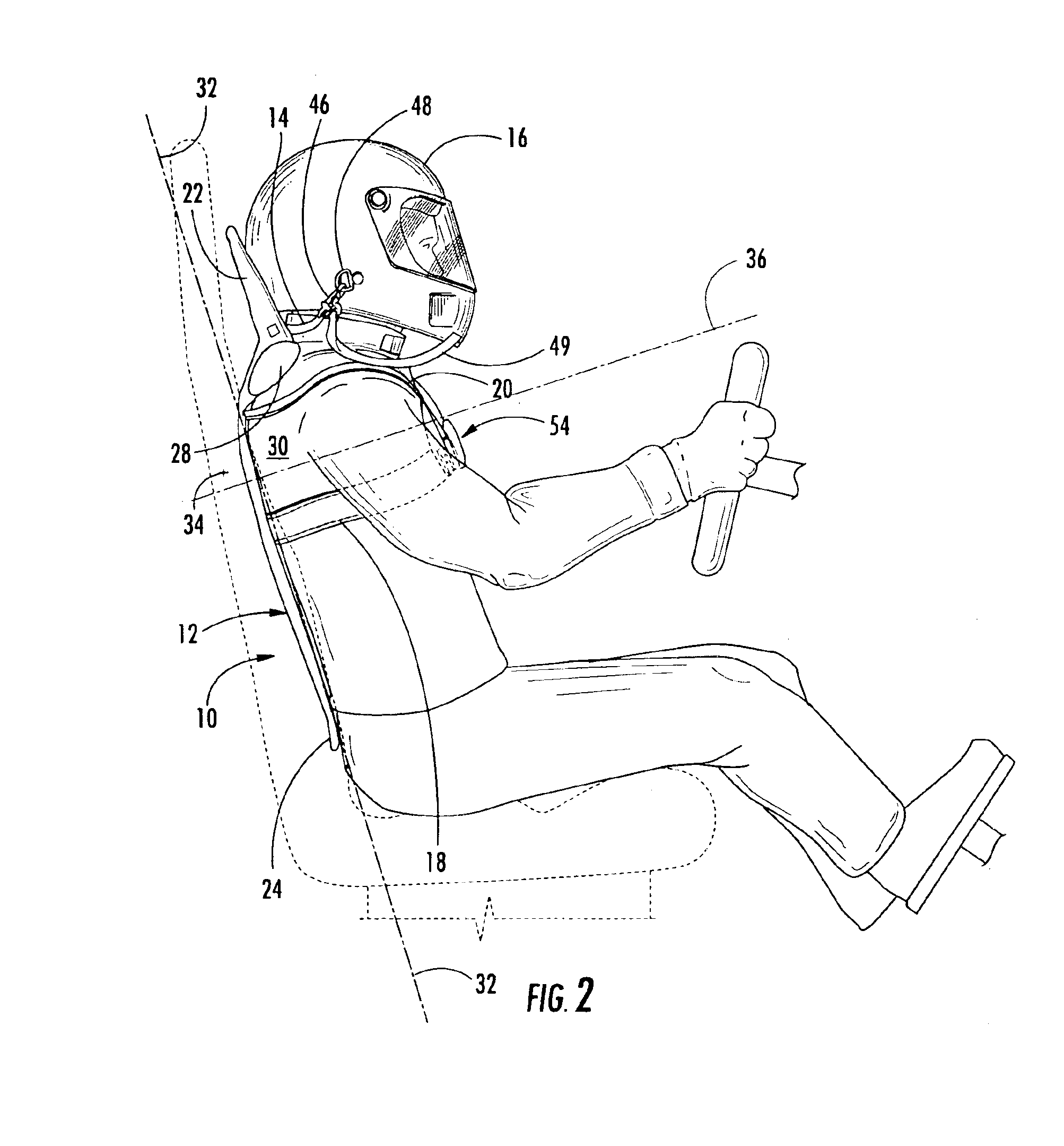Head restraint device with rigid member for use with a high-performance vehicle