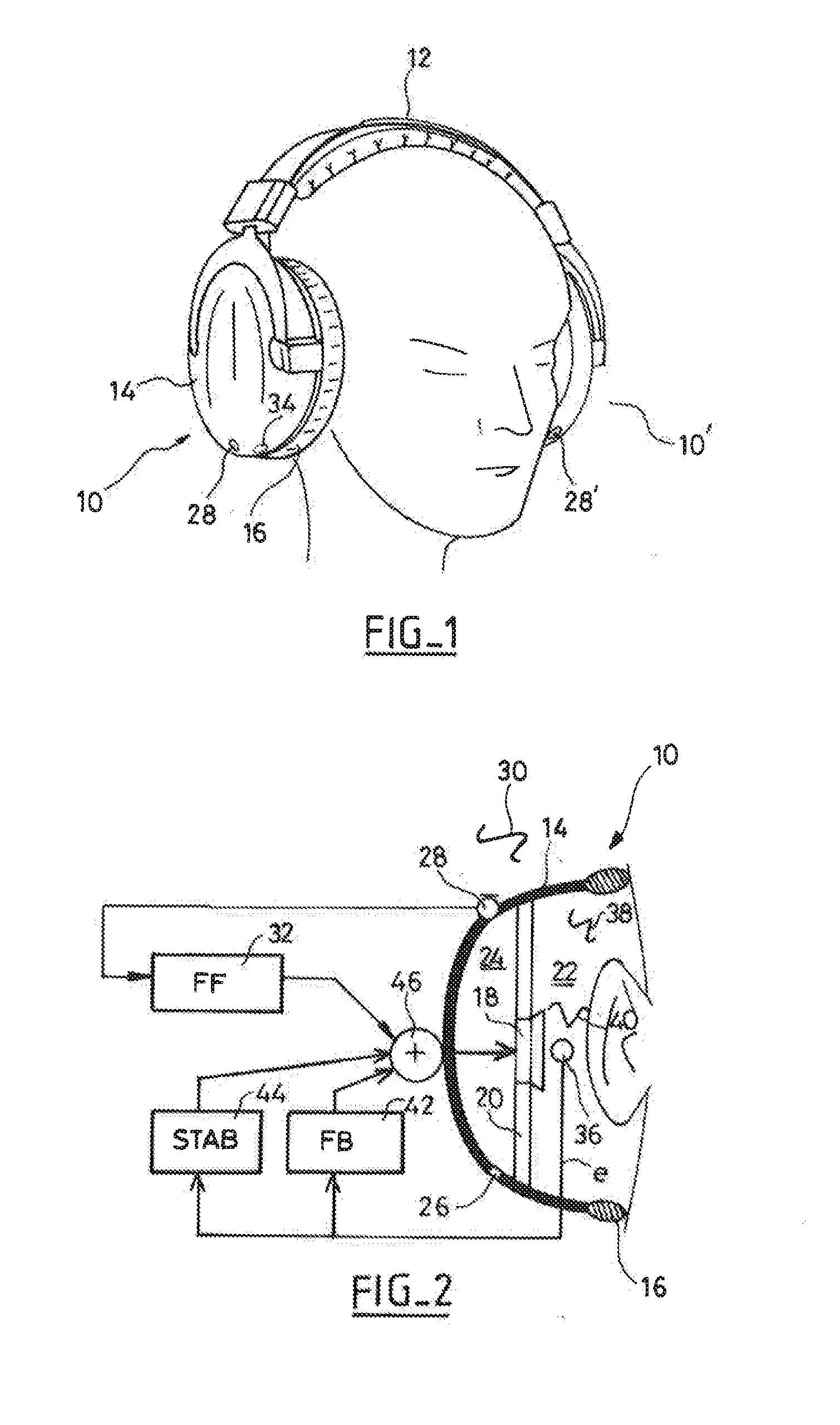 Audio headset with active noise control of the non-adaptive type for  listening to an audio music source  and/or for "hands-free" telephony functions