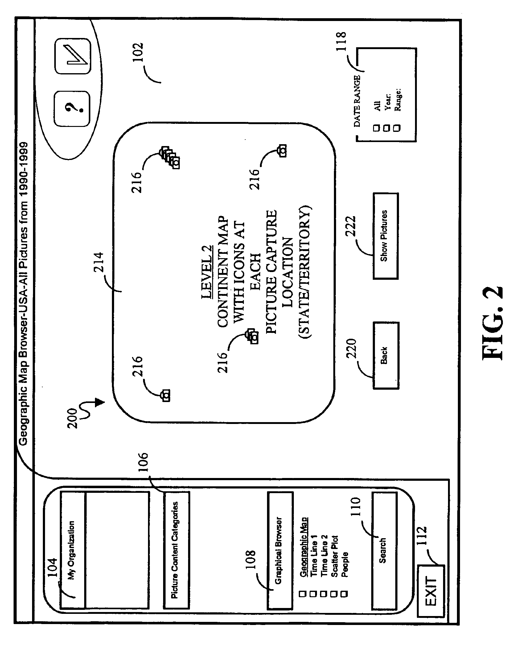 Picture database graphical user interface utilizing map-based metaphors for efficient browsing and retrieving of pictures