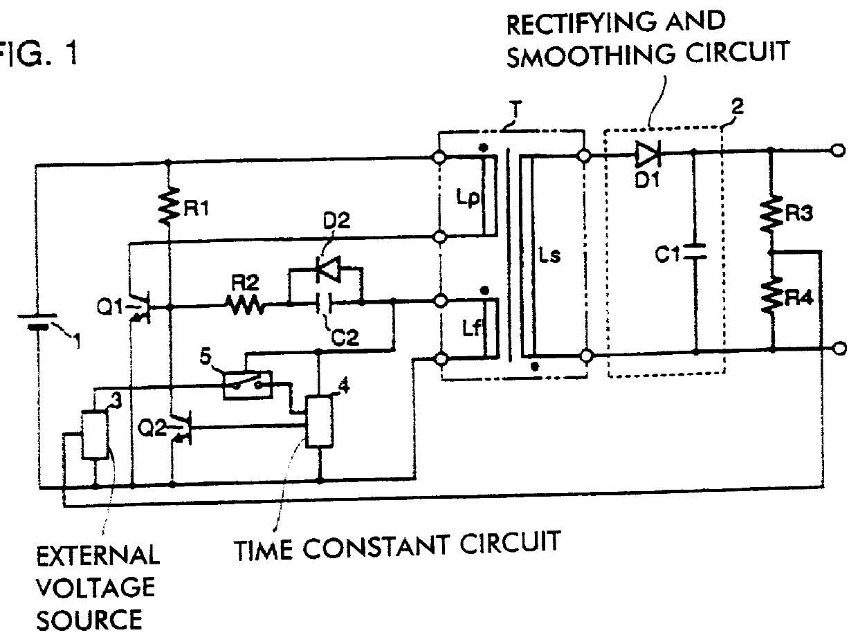 Self-oscillation type switching power supply having time constant circuit electronic switch an external voltage and having charging time variable in response to output voltage