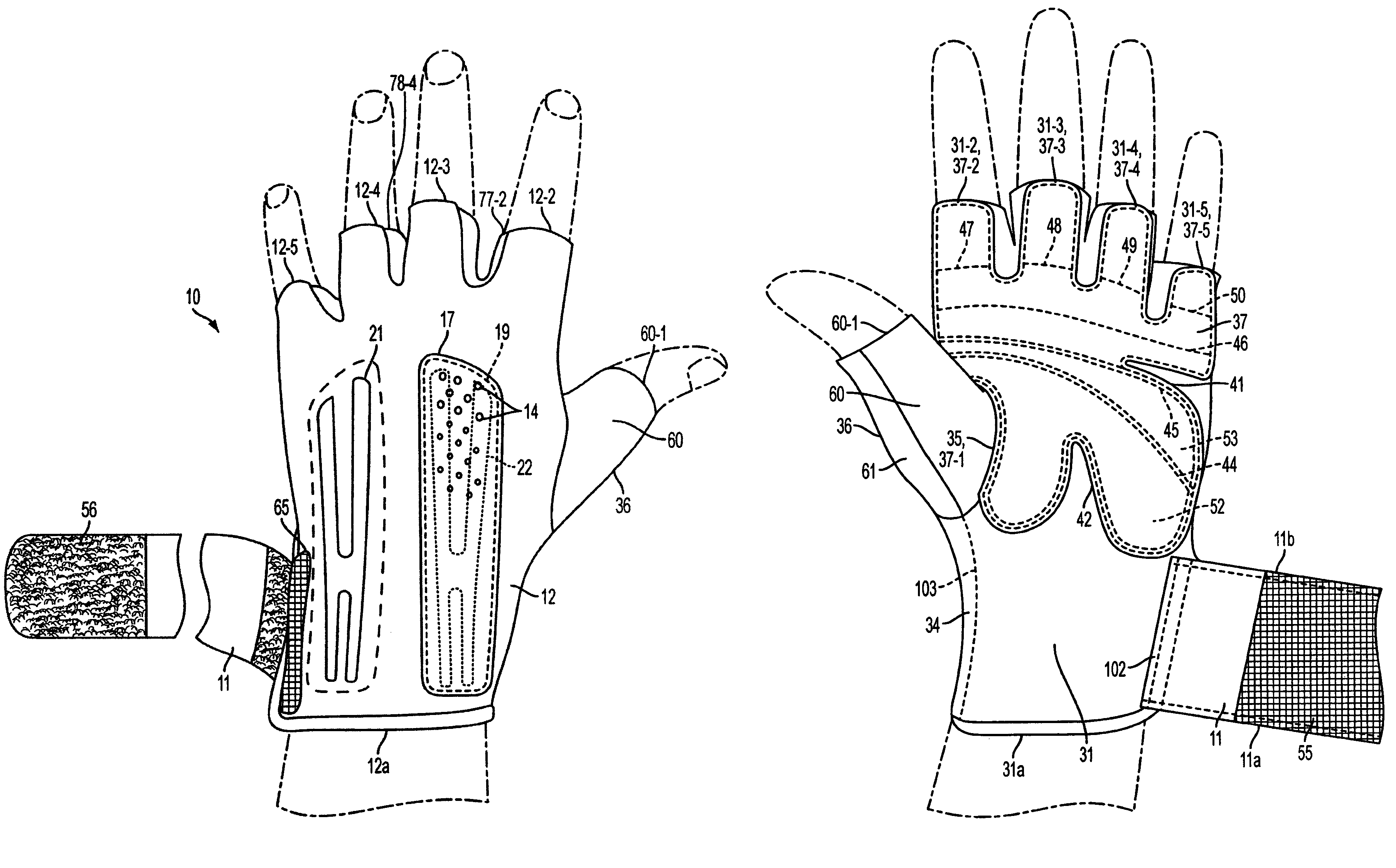 Glove with multi-element dorsal stiffeners