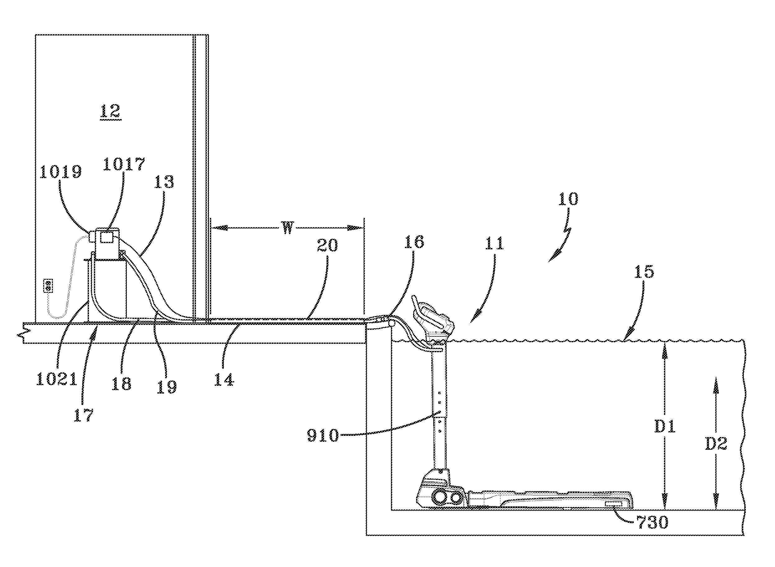 Underwater treadmill and integrated jet device and method for selectively controlling an underwater treadmill system